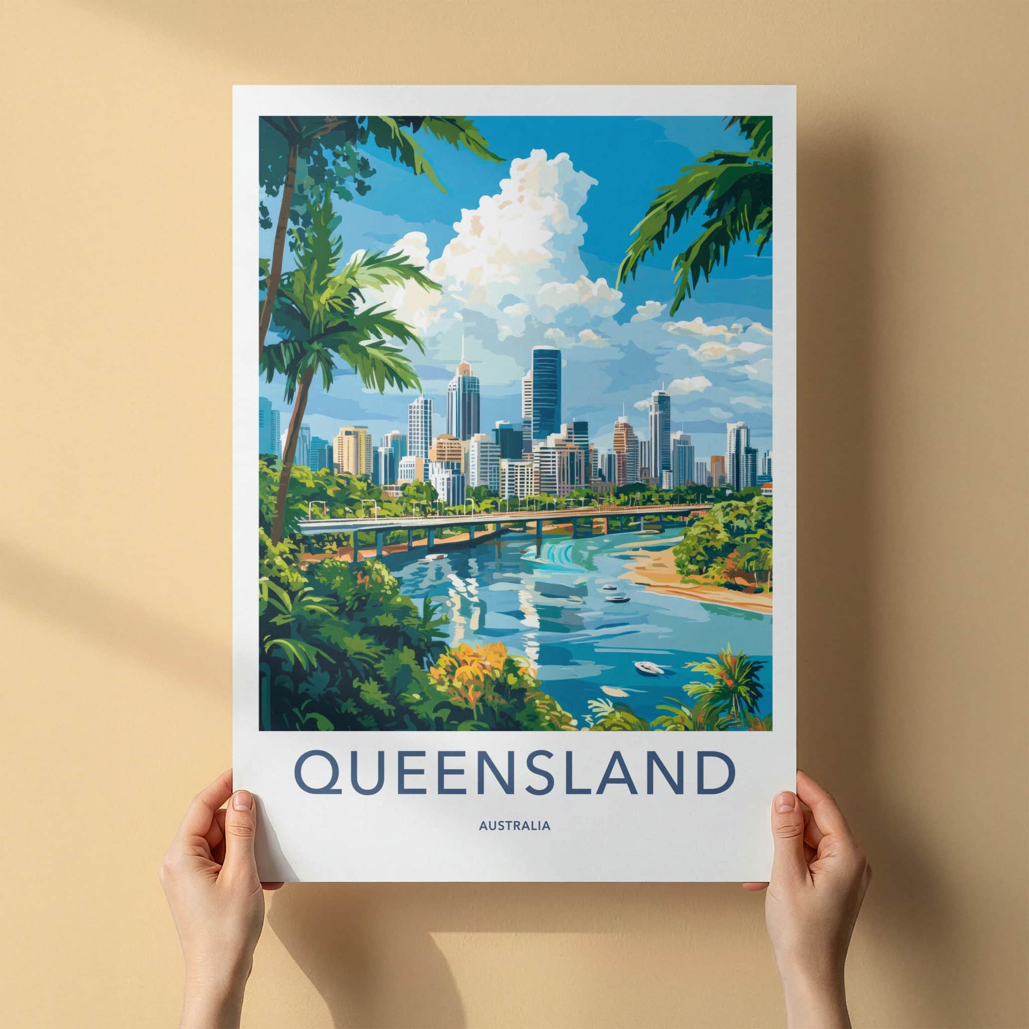 Queensland Poster - Australia Wall Art - Tropical Cityscape Scene Home Decor