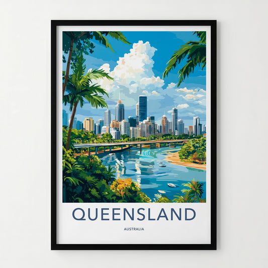 Queensland Poster - Australia Wall Art - Tropical Cityscape Scene Home Decor