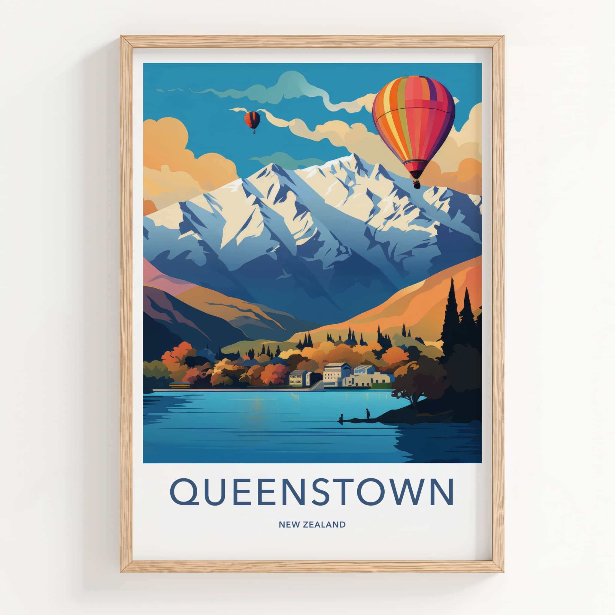 Queenstown Poster - New Zealand Travel Art - Alpine Lake Balloons Home Decor