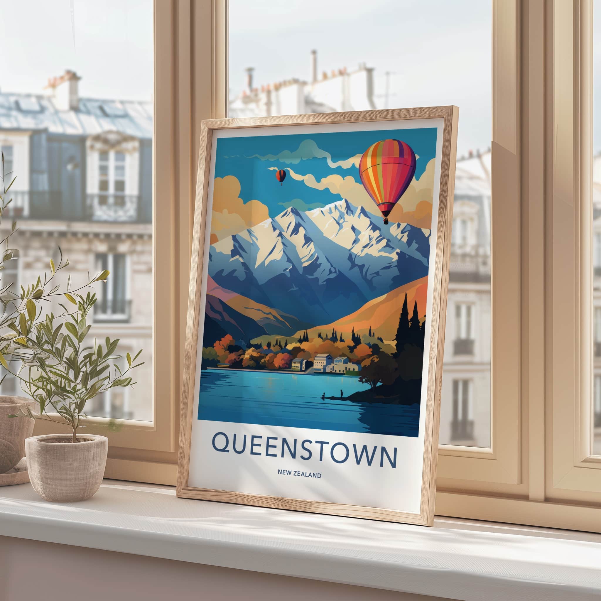 Queenstown Poster - New Zealand Travel Art - Alpine Lake Balloons Home Decor