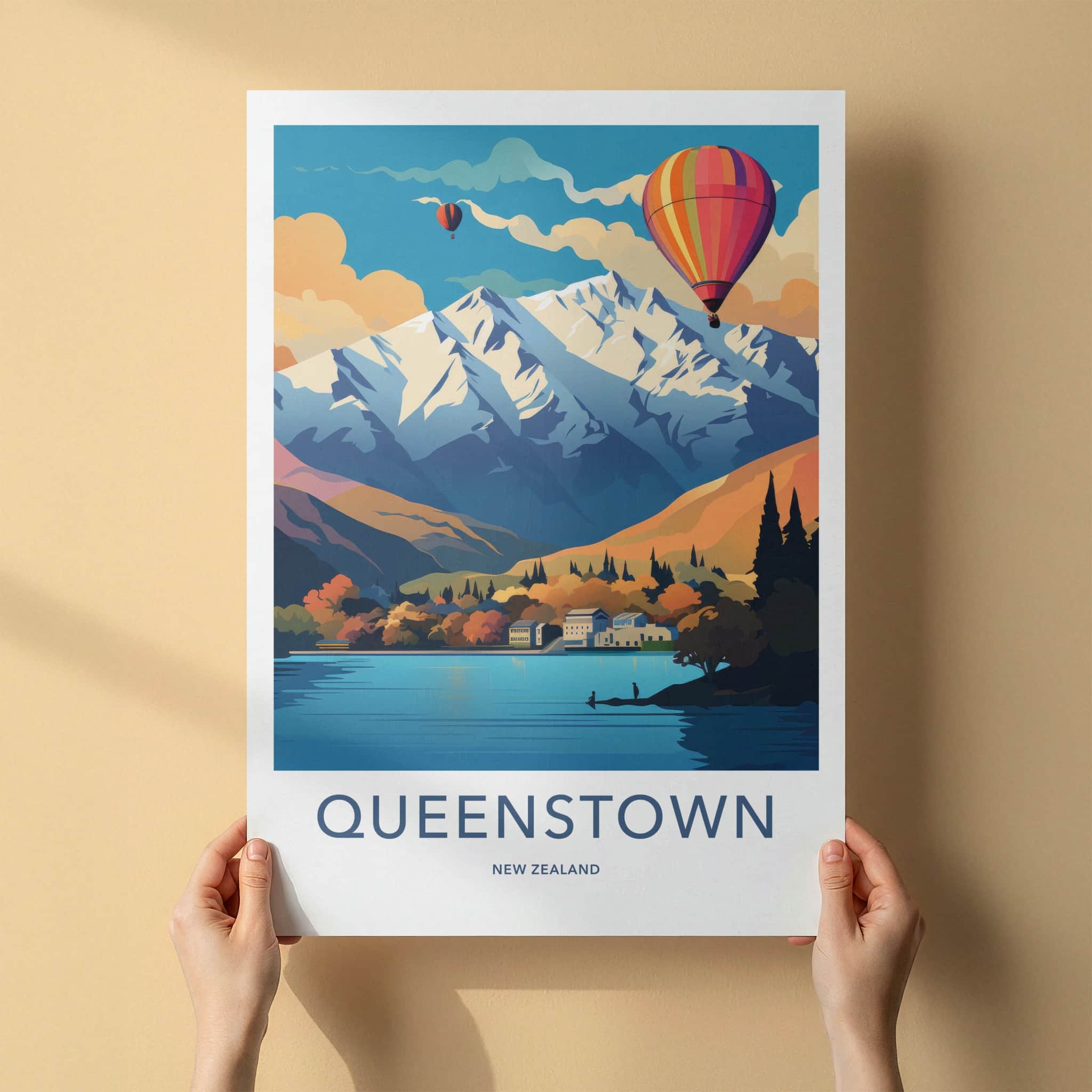 Queenstown Poster - New Zealand Travel Art - Alpine Lake Balloons Home Decor