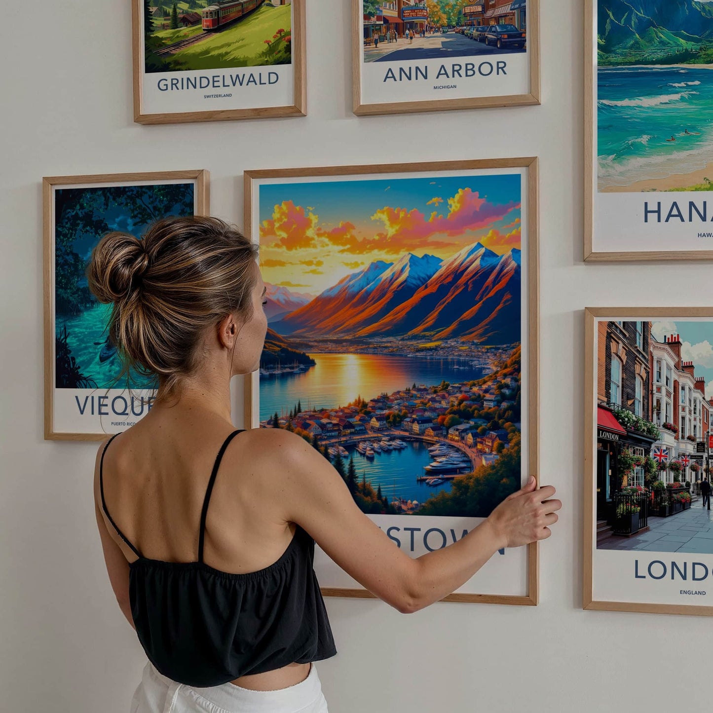 Queenstown Poster - New Zealand Travel Art - Golden Lake Harbor Home Decor
