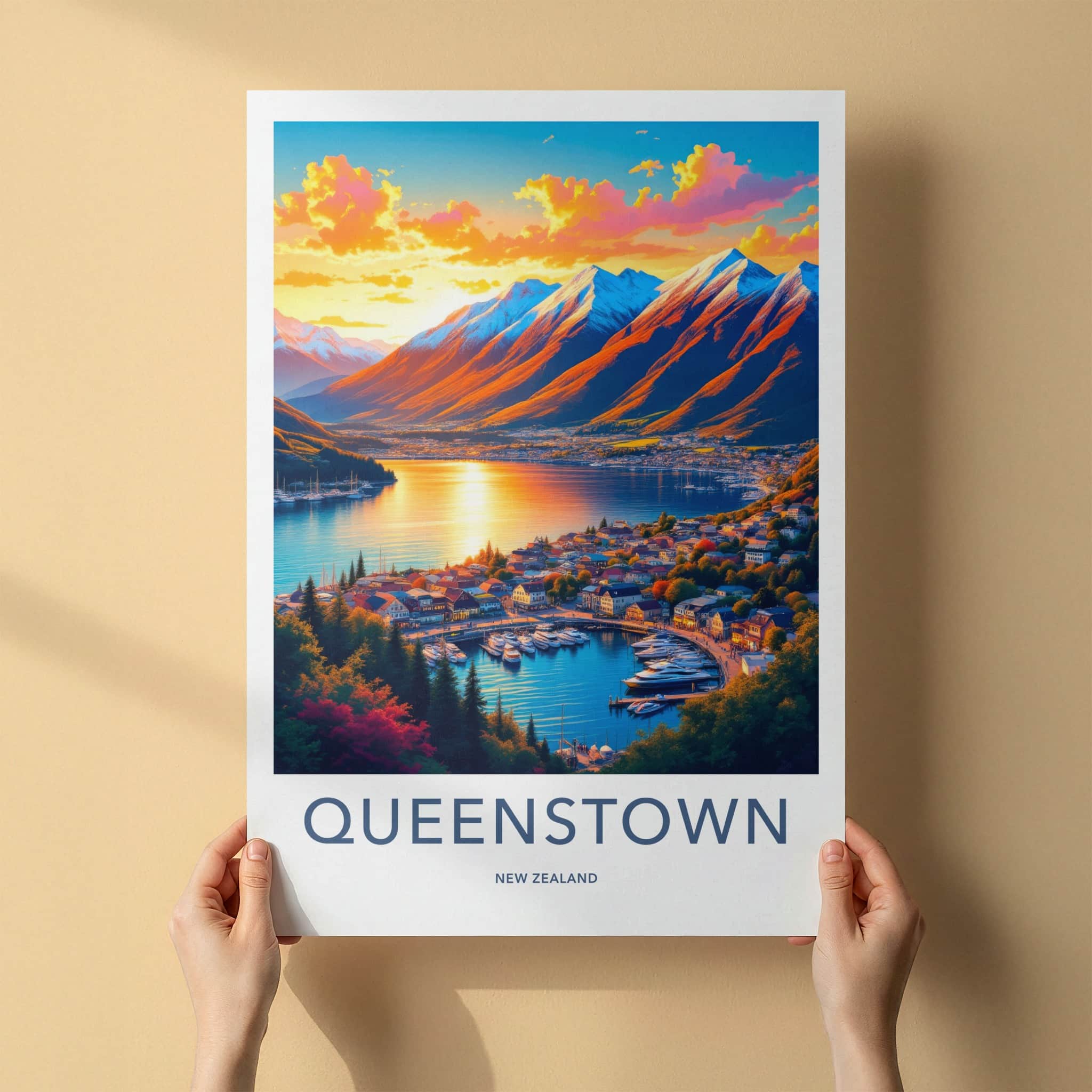 Queenstown Poster - New Zealand Travel Art - Golden Lake Harbor Home Decor
