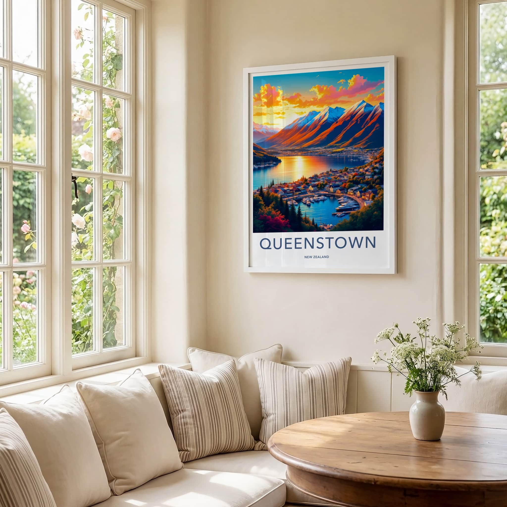 Queenstown Poster - New Zealand Travel Art - Golden Lake Harbor Home Decor