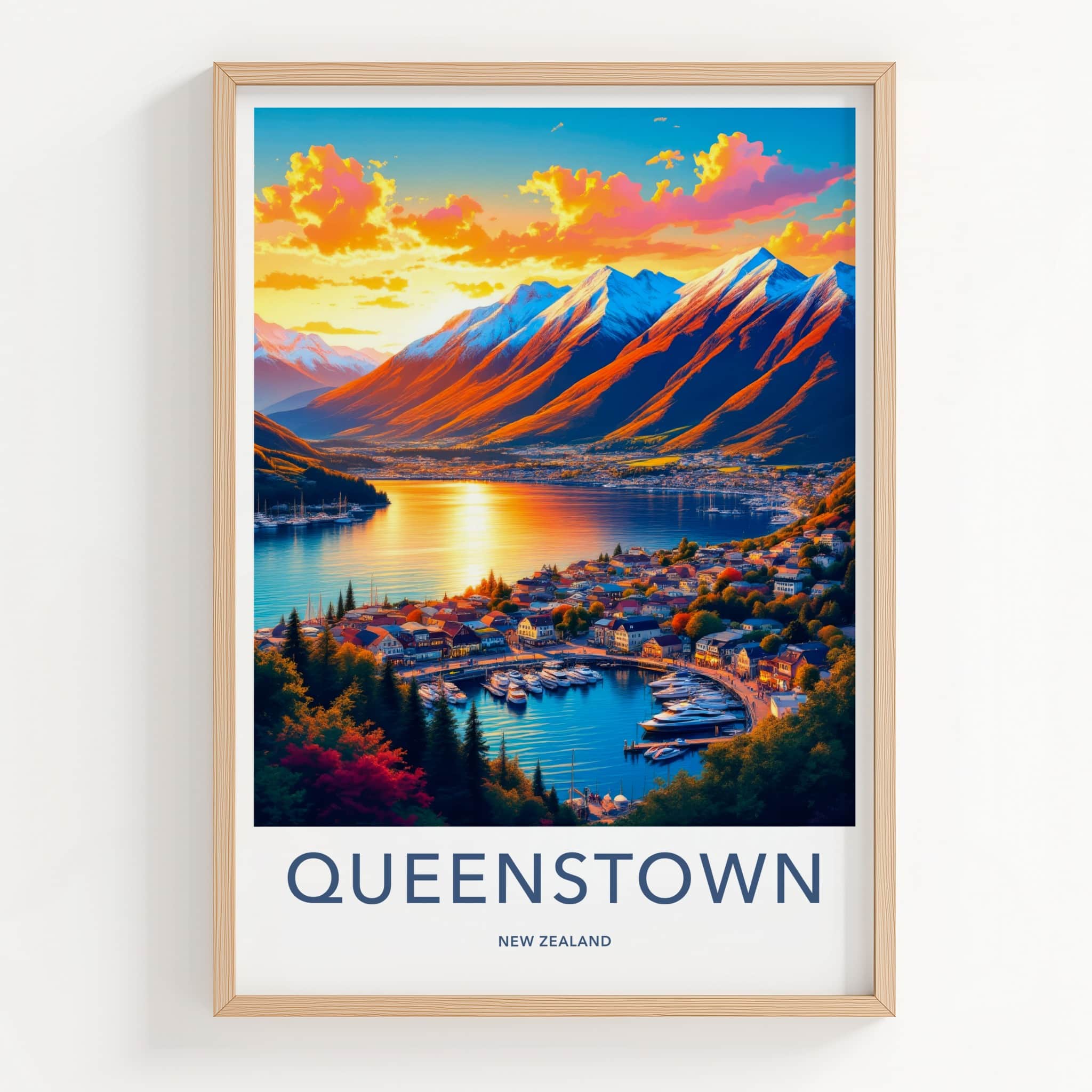Queenstown Poster - New Zealand Travel Art - Golden Lake Harbor Home Decor