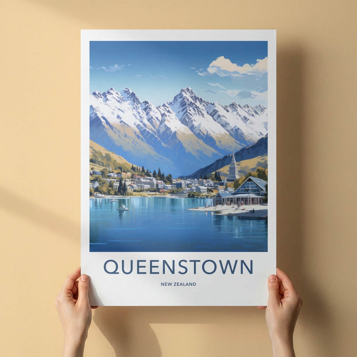 Queenstown Poster - New Zealand Travel Art - Idyllic Mountain Lakeside Home Decor