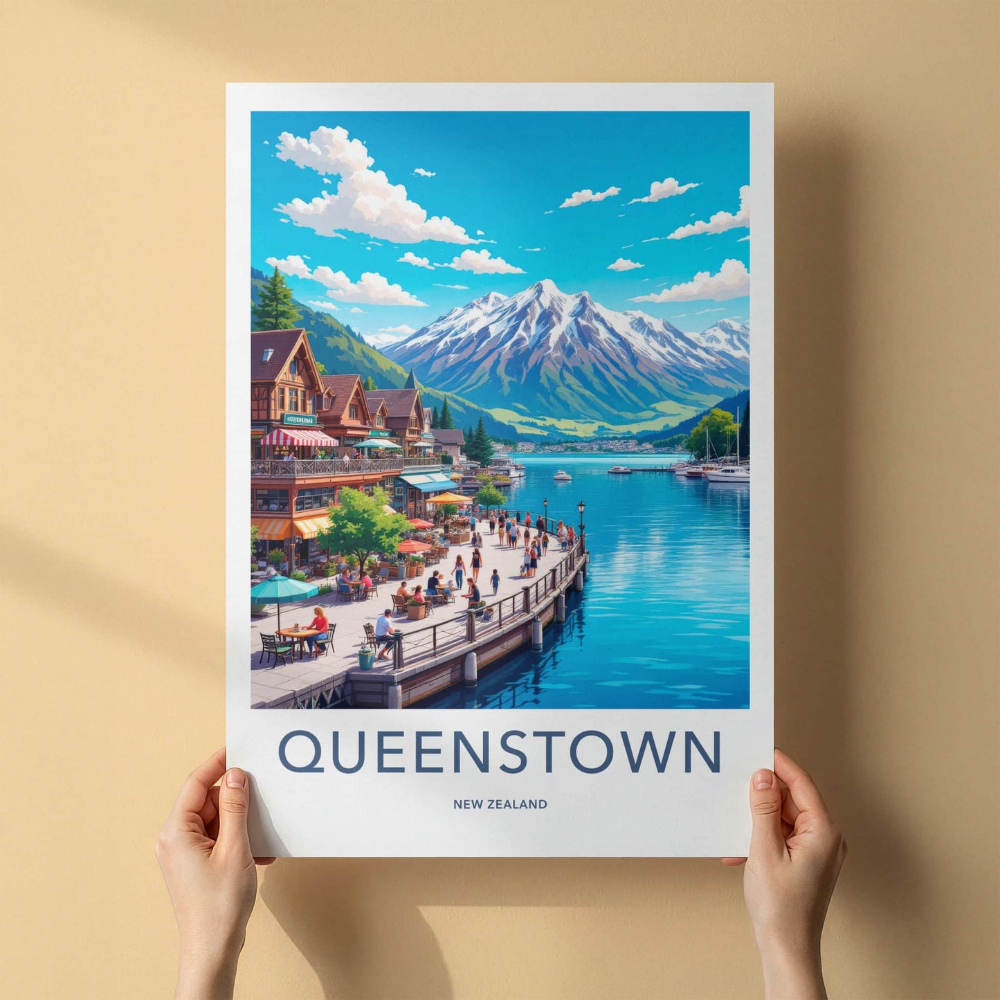Queenstown Poster - New Zealand Travel Art - Lakeside Mountain Town Home Decor