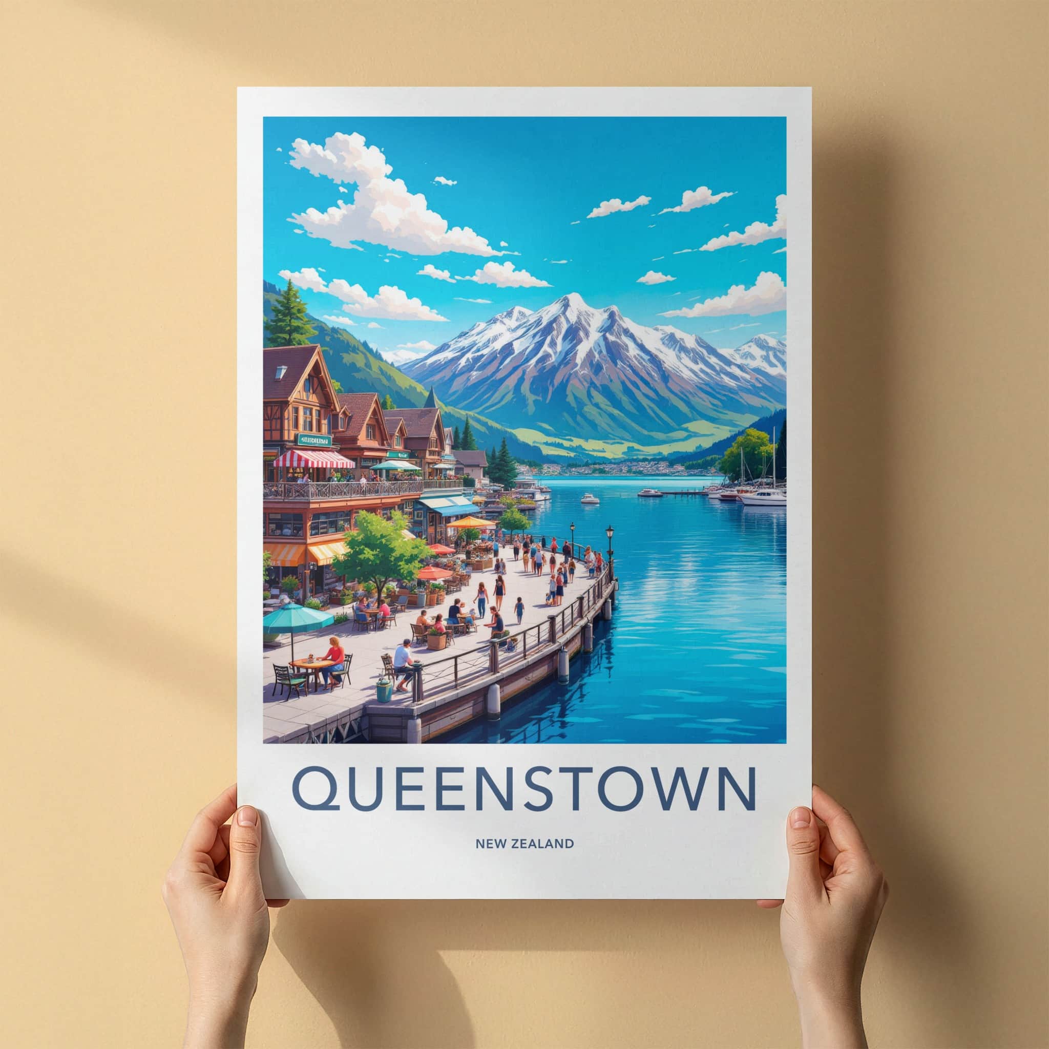 Queenstown Poster - New Zealand Travel Art - Lakeside Mountain Town Home Decor