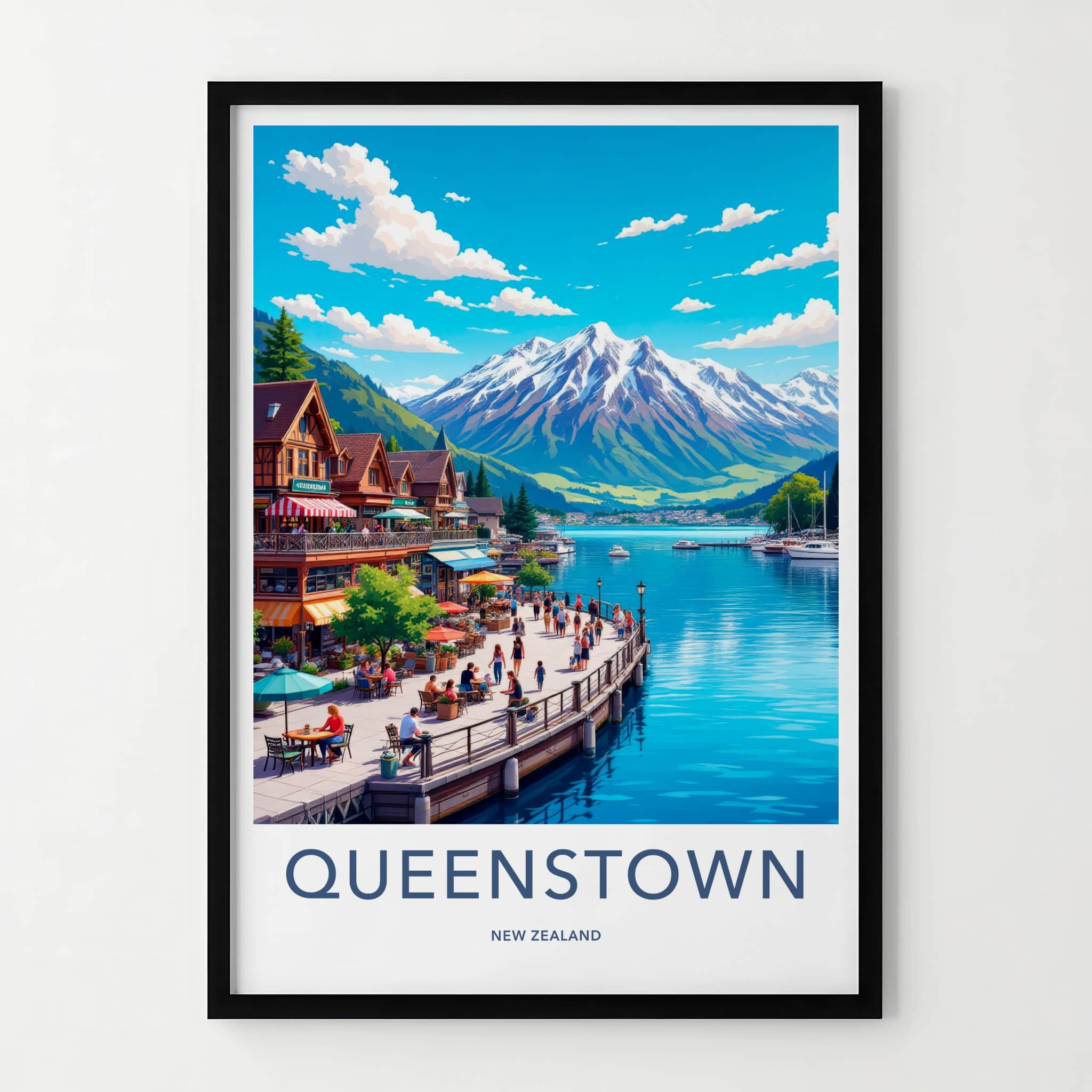 Queenstown Poster - New Zealand Travel Art - Lakeside Mountain Town Home Decor