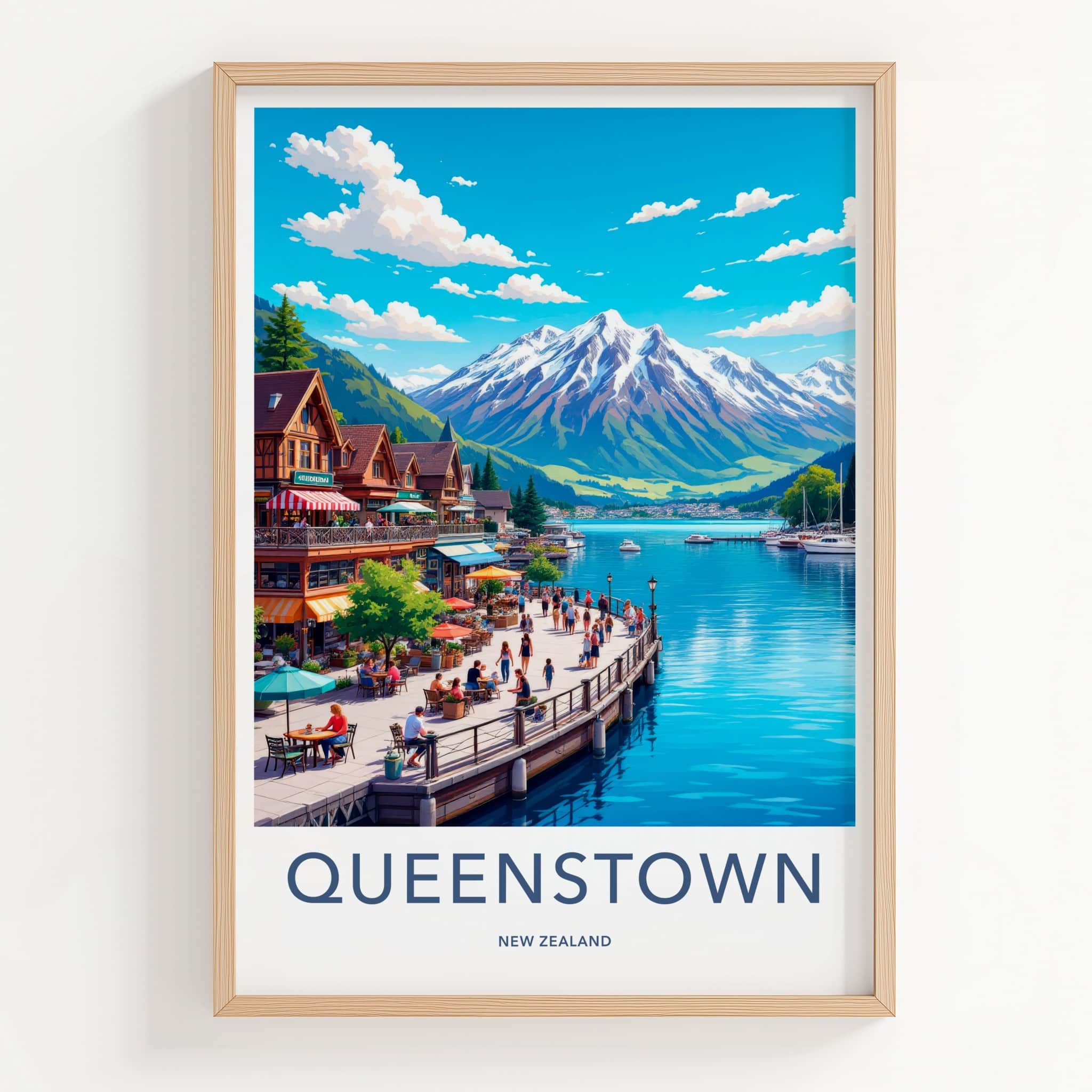 Queenstown Poster - New Zealand Travel Art - Lakeside Mountain Town Home Decor
