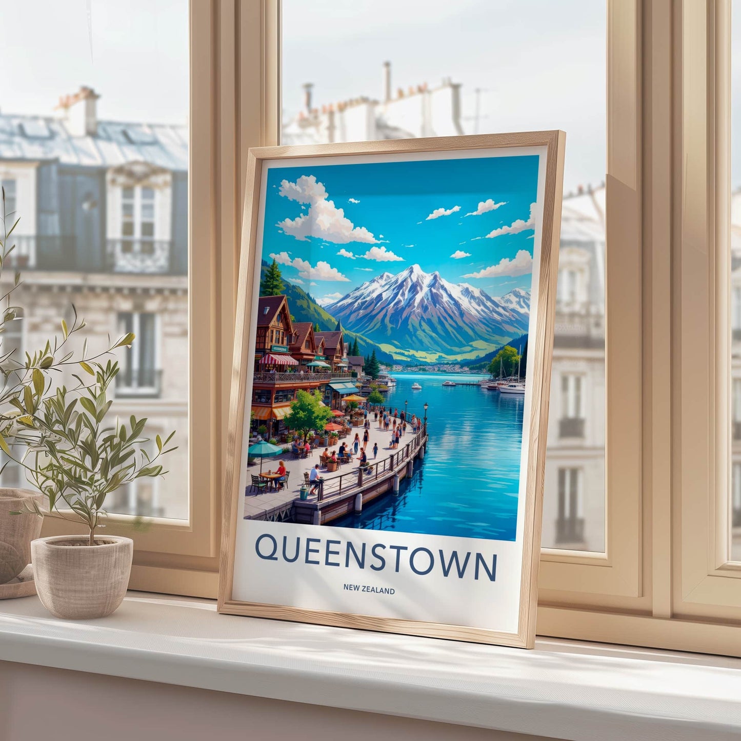 Queenstown Poster - New Zealand Travel Art - Lakeside Mountain Town Home Decor