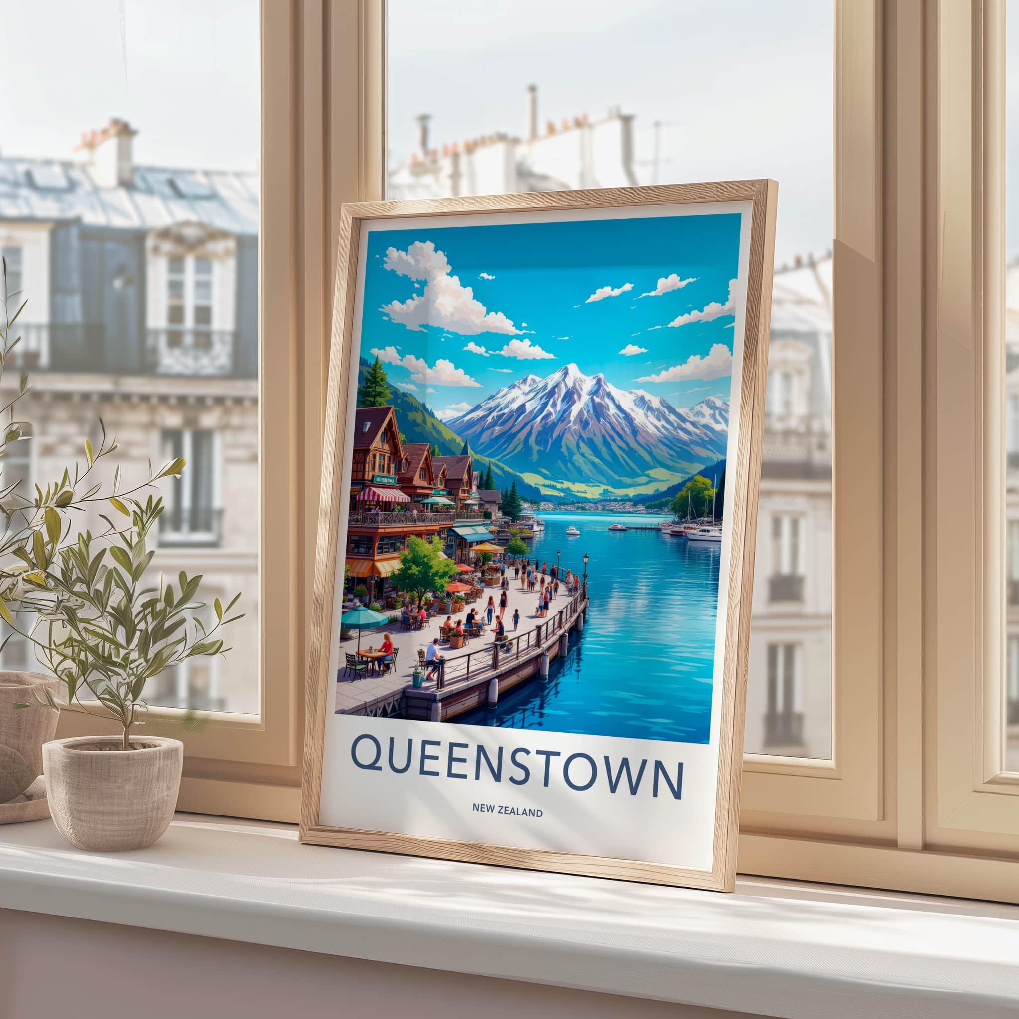 Queenstown Poster - New Zealand Travel Art - Lakeside Mountain Town Home Decor