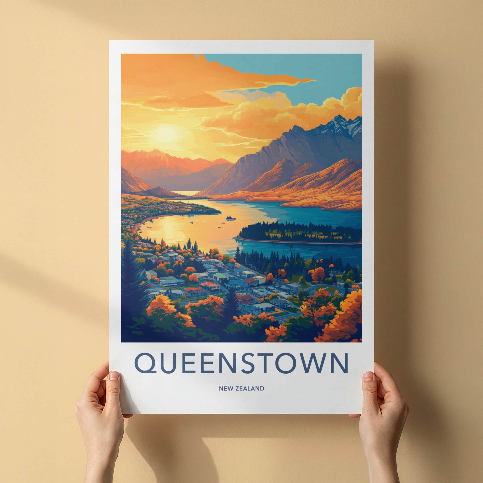 Queenstown Poster - New Zealand Travel Art - Mountain Lake Town Home Decor
