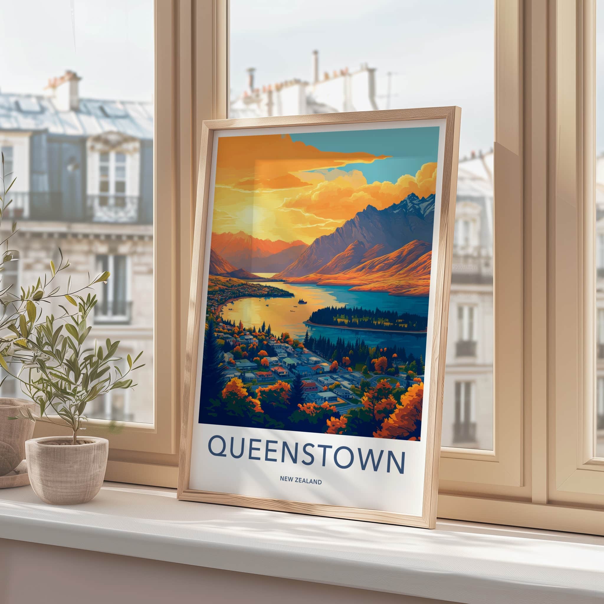 Queenstown Poster - New Zealand Travel Art - Mountain Lake Town Home Decor