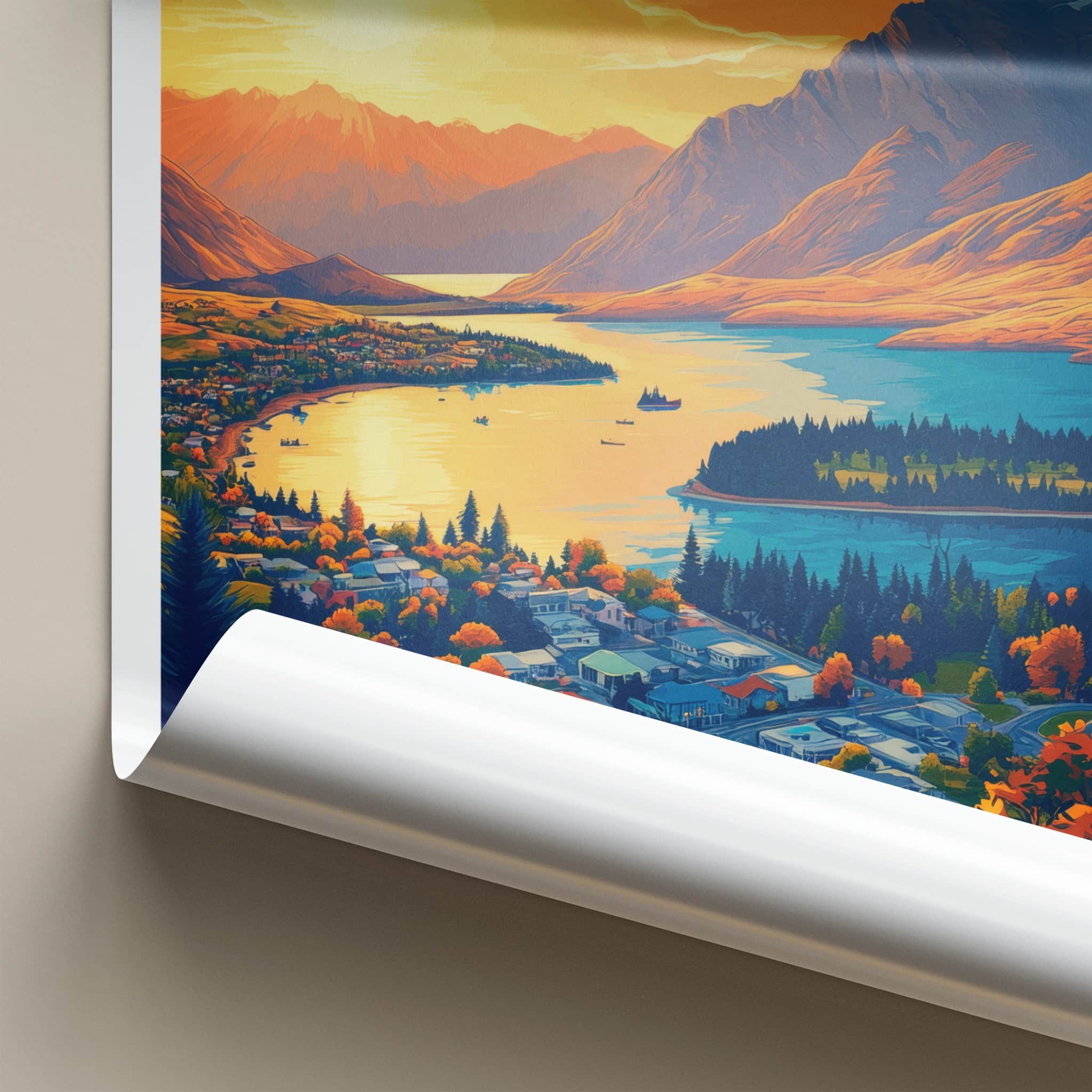 Queenstown Poster - New Zealand Travel Art - Mountain Lake Town Home Decor