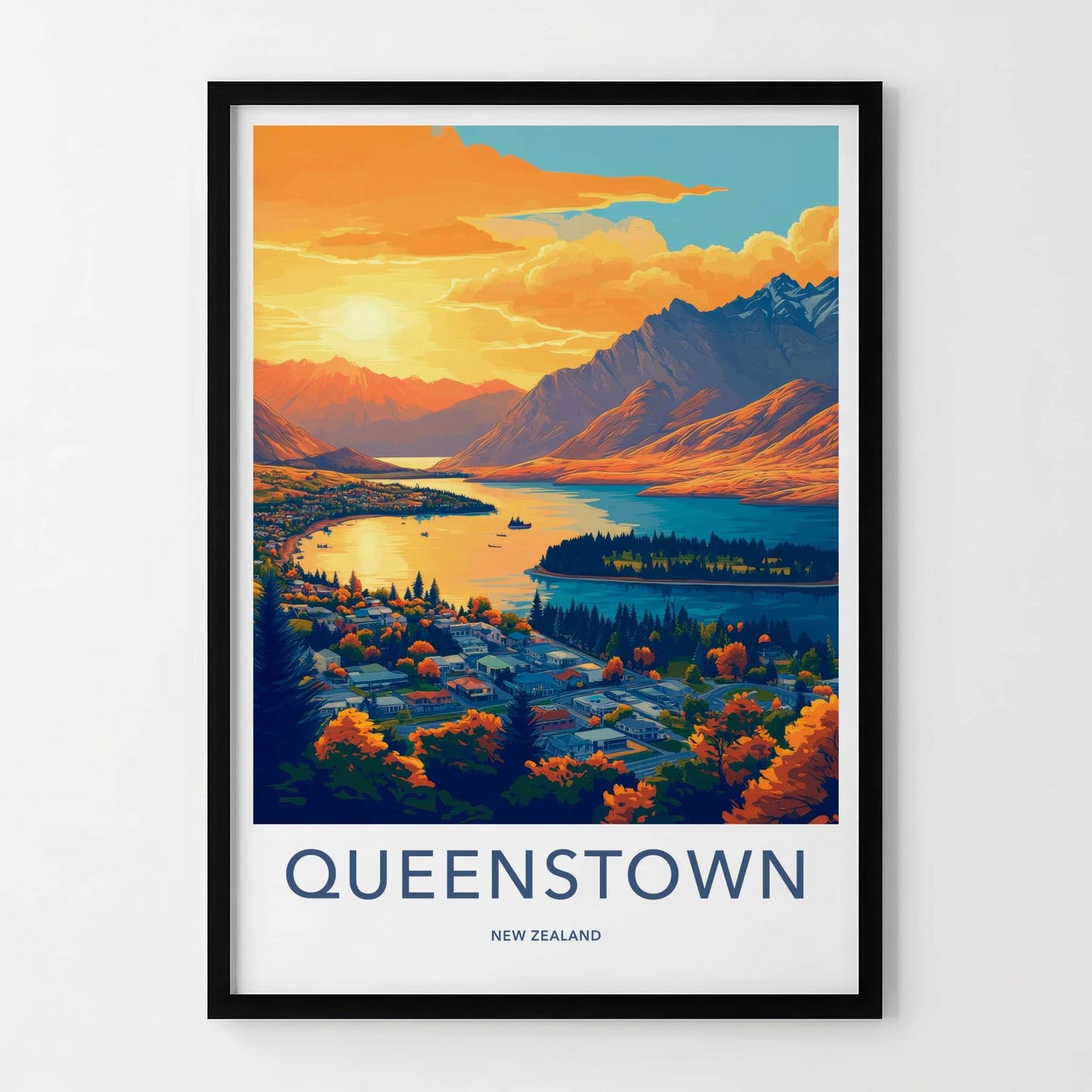 Queenstown Poster - New Zealand Travel Art - Mountain Lake Town Home Decor