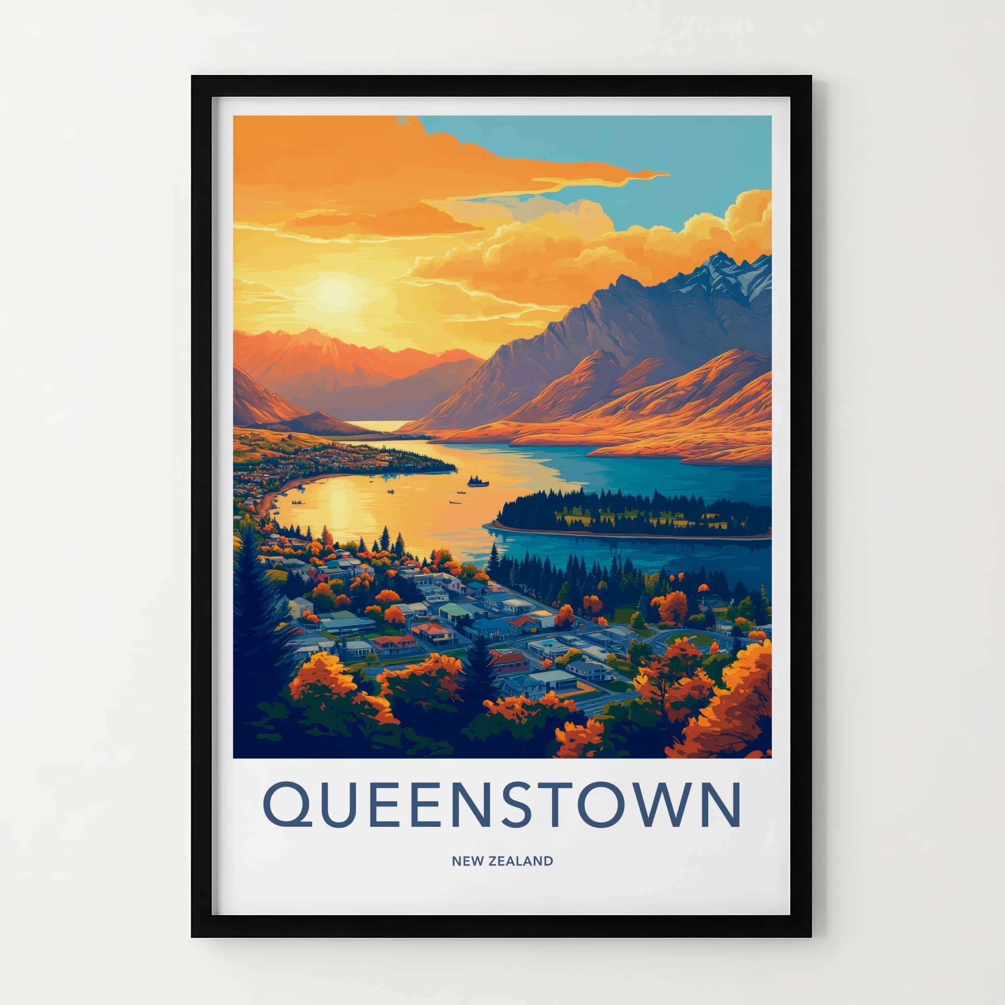 Queenstown Poster - New Zealand Travel Art - Mountain Lake Town Home Decor