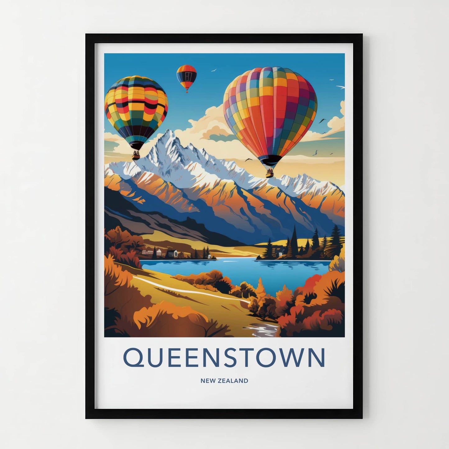 Queenstown Poster - New Zealand Travel Art - Scenic Lake Hotair Home Decor