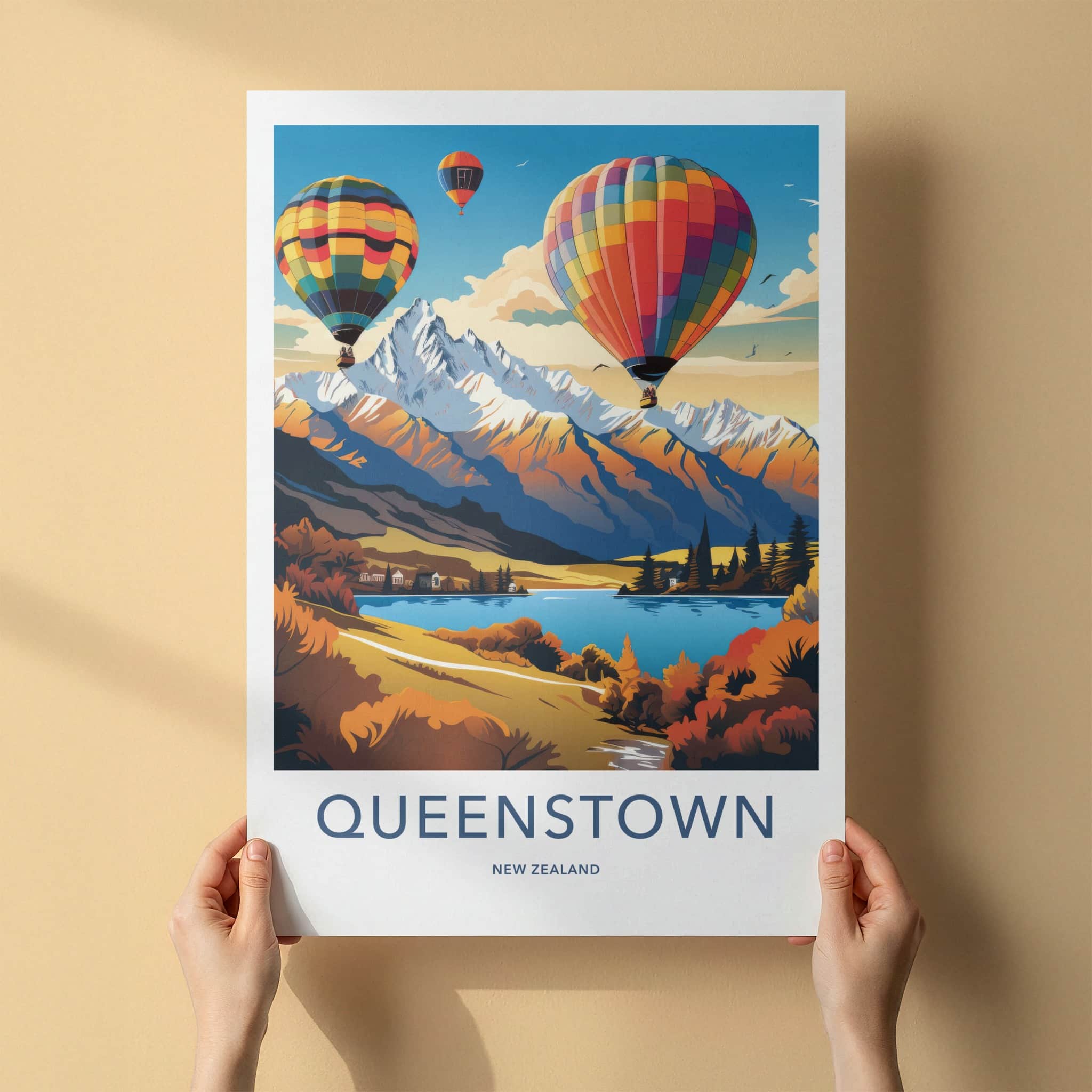 Queenstown Poster - New Zealand Travel Art - Scenic Lake Hotair Home Decor