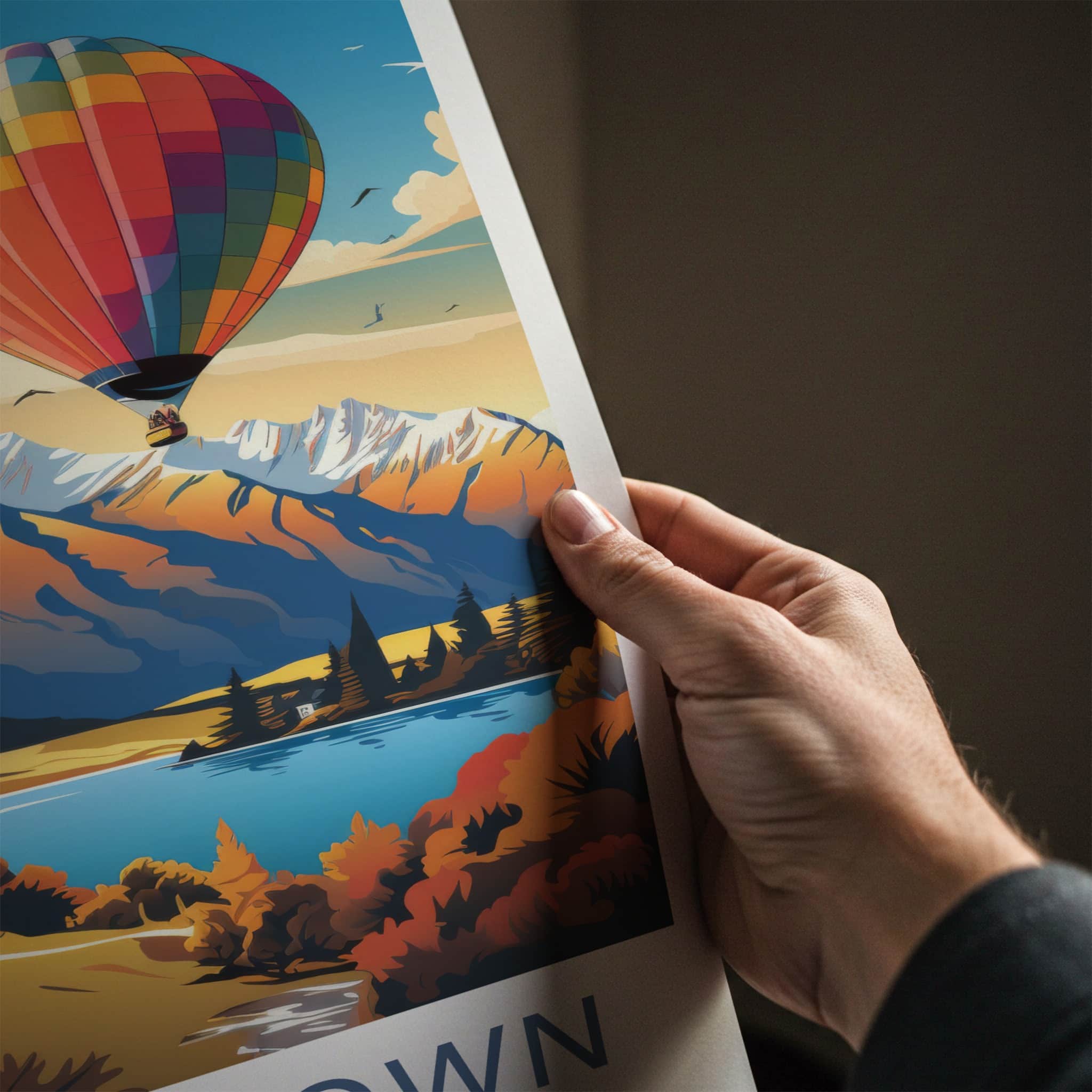 Queenstown Poster - New Zealand Travel Art - Scenic Lake Hotair Home Decor