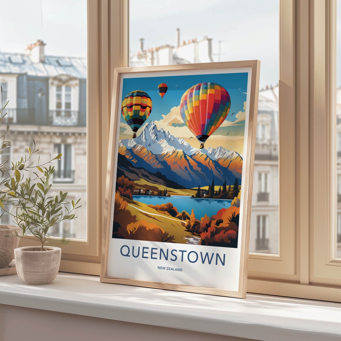 Queenstown Poster - New Zealand Travel Art - Scenic Lake Hotair Home Decor