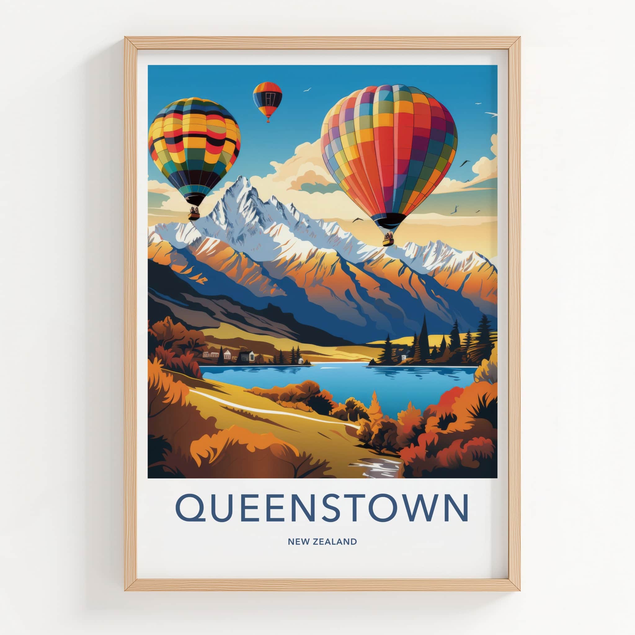 Queenstown Poster - New Zealand Travel Art - Scenic Lake Hotair Home Decor