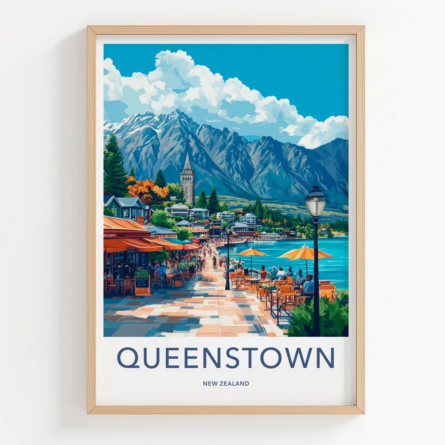 Queenstown Poster - New Zealand Travel Art - Vibrant Waterfront Scene Home Decor