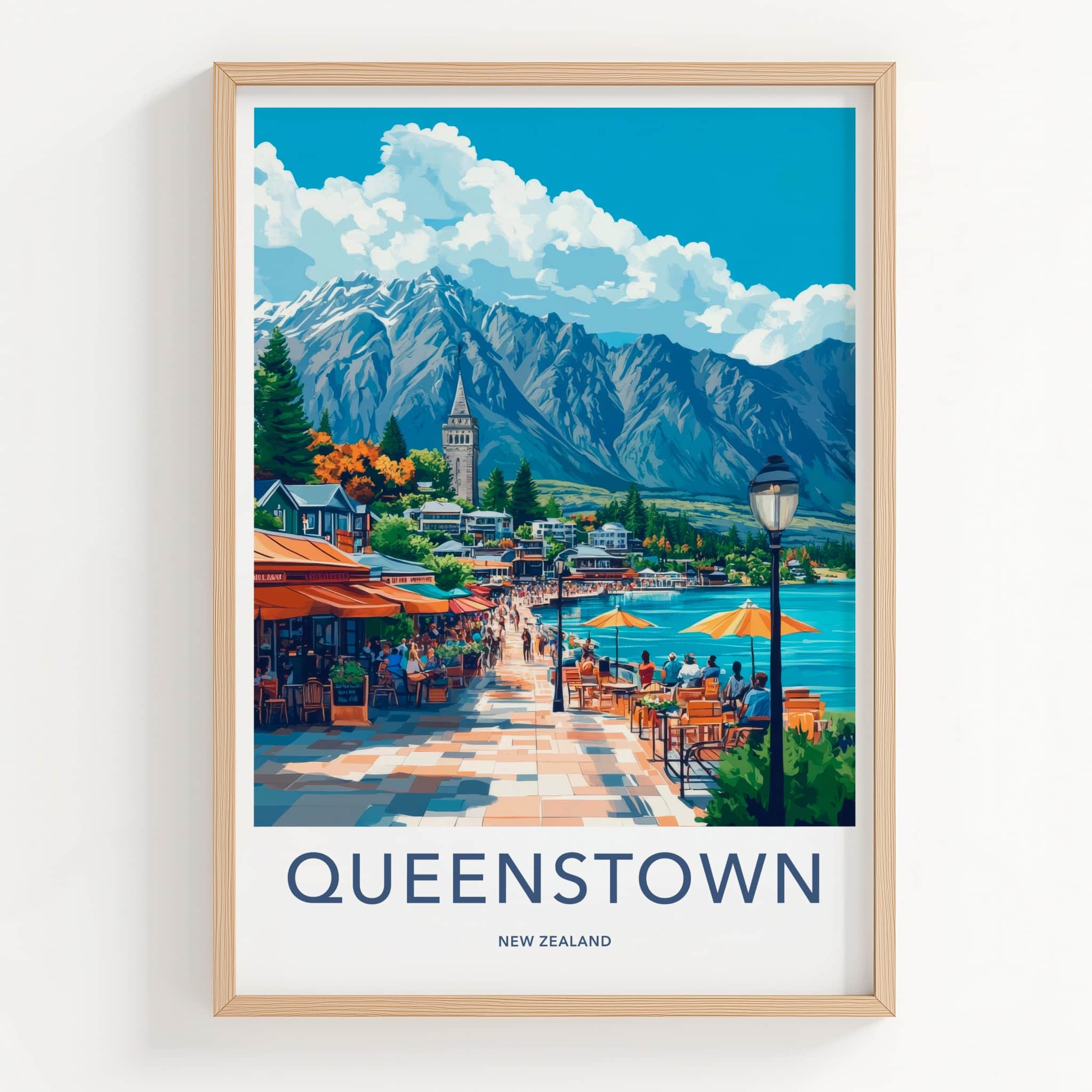 Queenstown Poster - New Zealand Travel Art - Vibrant Waterfront Scene Home Decor