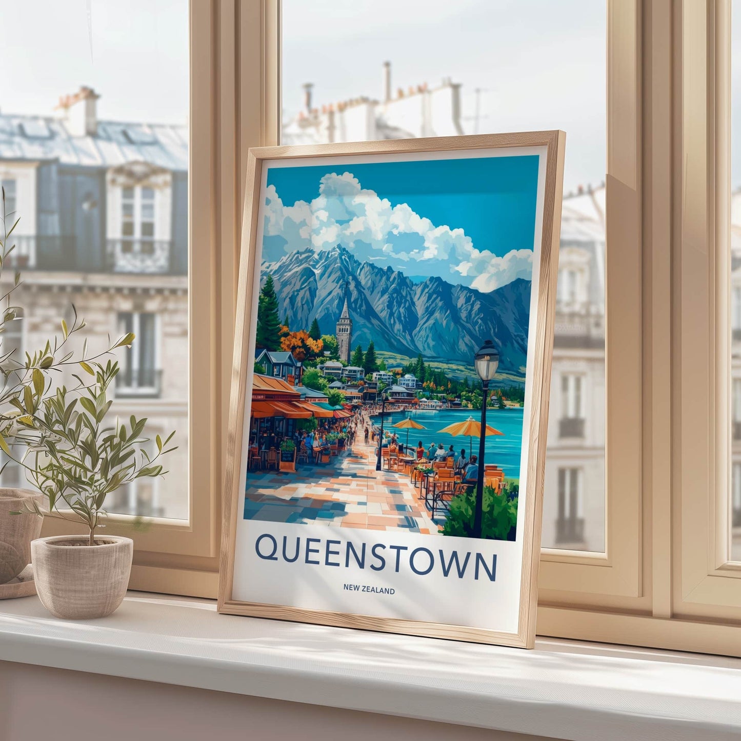 Queenstown Poster - New Zealand Travel Art - Vibrant Waterfront Scene Home Decor
