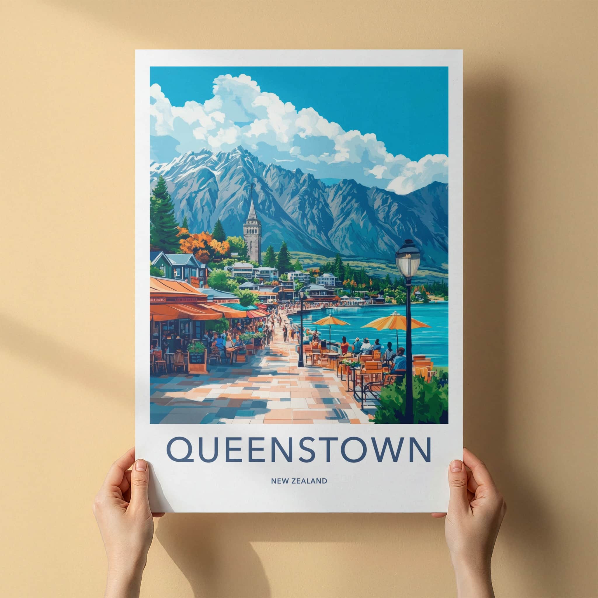 Queenstown Poster - New Zealand Travel Art - Vibrant Waterfront Scene Home Decor