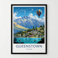 Queenstown Poster - New Zealand Wall Art - Mountain Lake Hot Air Balloons Home Decor
