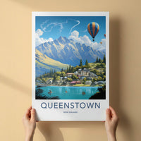 Queenstown Poster - New Zealand Wall Art - Mountain Lake Hot Air Balloons Home Decor