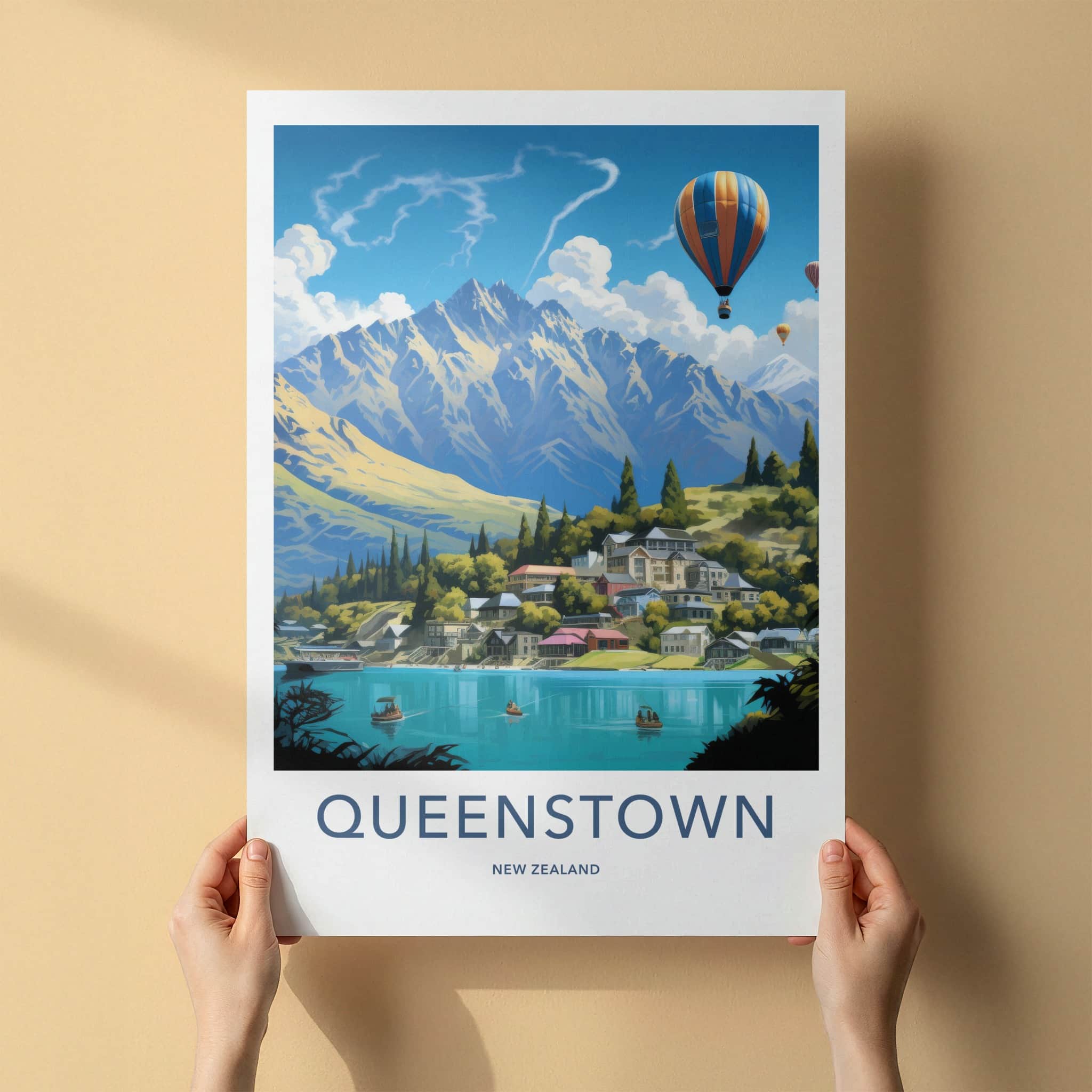 Queenstown Poster - New Zealand Wall Art - Mountain Lake Hot Air Balloons Home Decor