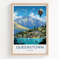 Queenstown Poster - New Zealand Wall Art - Mountain Lake Hot Air Balloons Home Decor