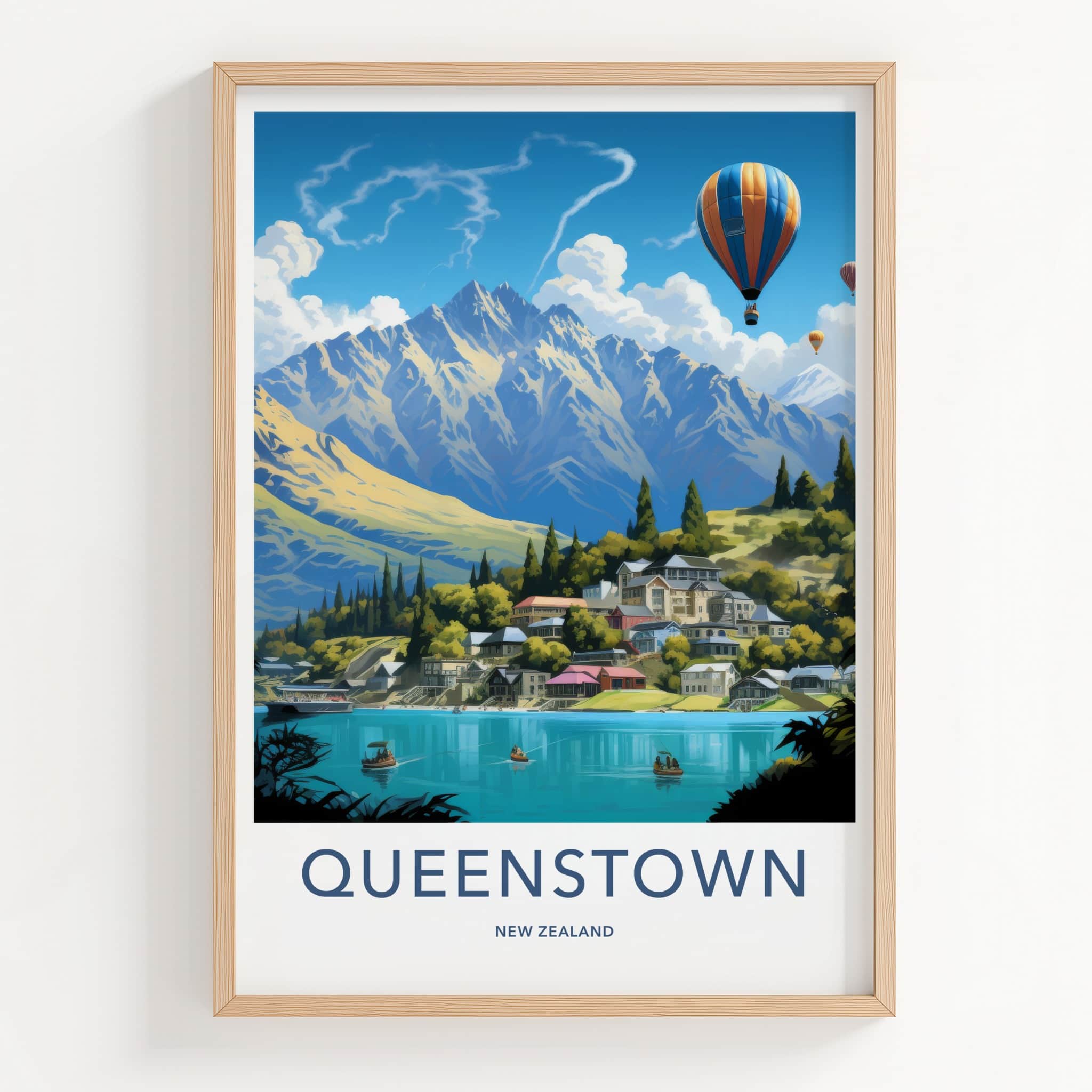 Queenstown Poster - New Zealand Wall Art - Mountain Lake Hot Air Balloons Home Decor