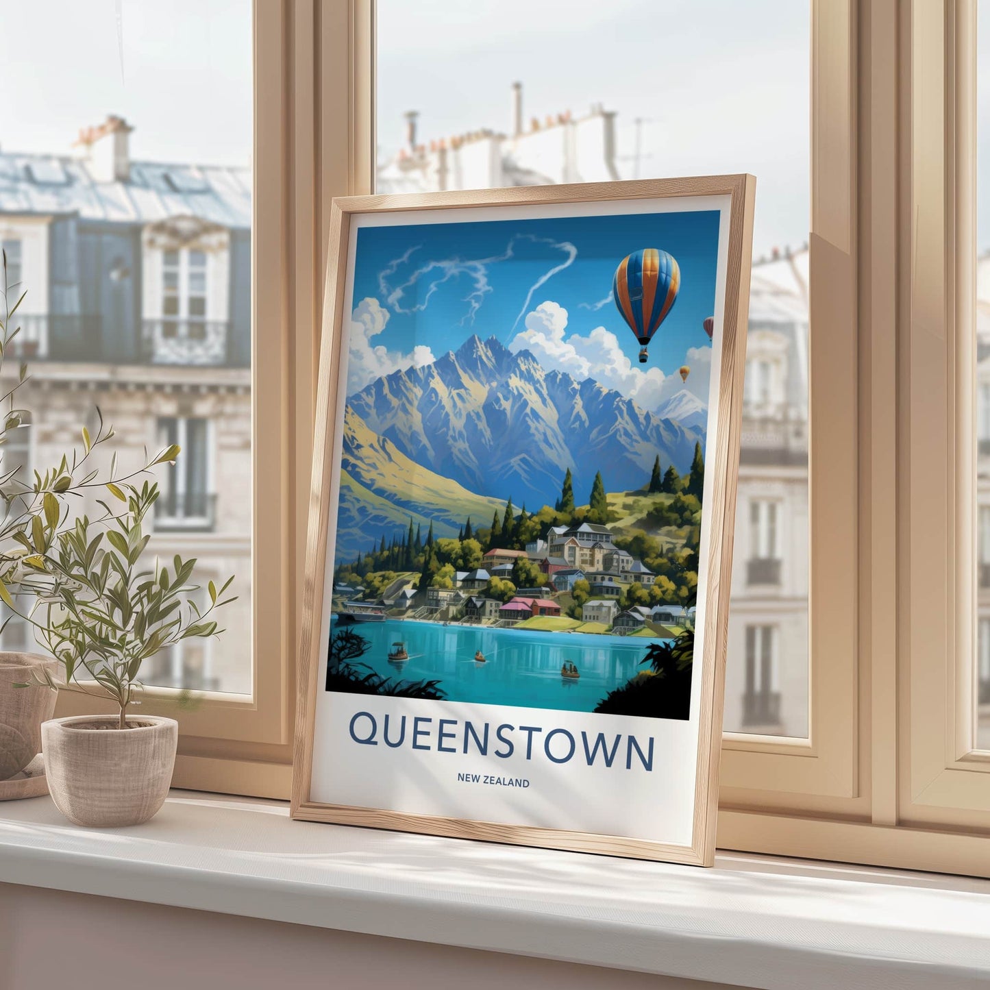 Queenstown Poster - New Zealand Wall Art - Mountain Lake Hot Air Balloons Home Decor