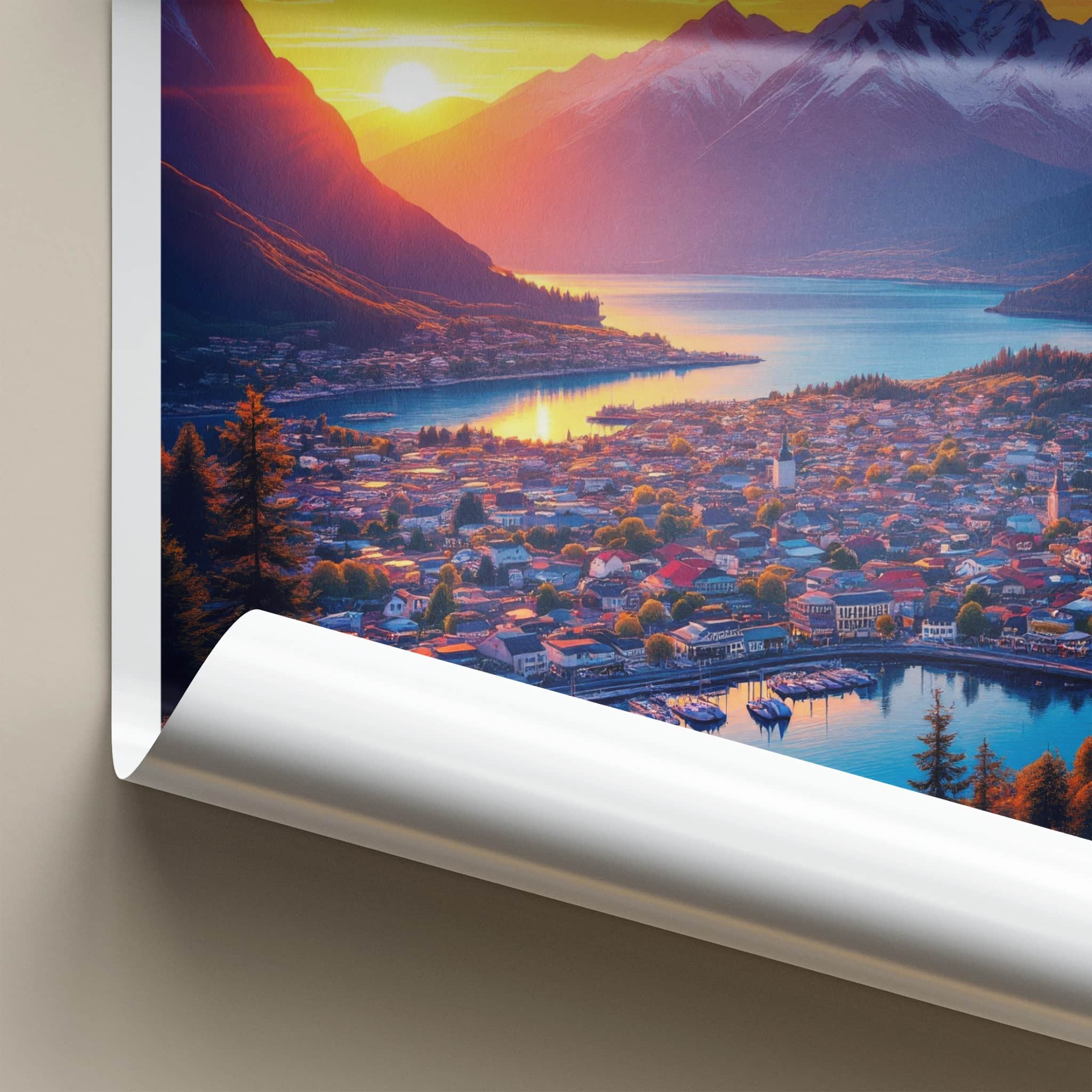 Queenstown Poster - New Zealand Wall Art - Vibrant Sunset Town Home Decor