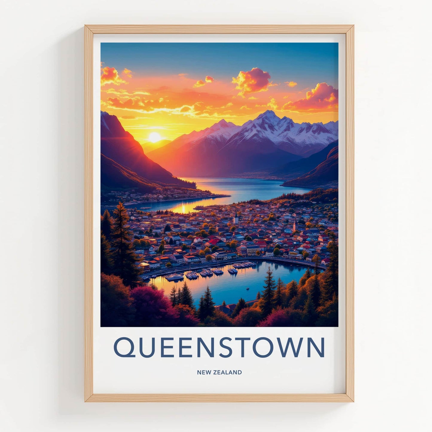 Queenstown Poster - New Zealand Wall Art - Vibrant Sunset Town Home Decor