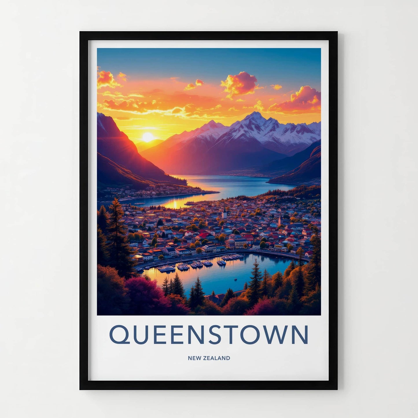 Queenstown Poster - New Zealand Wall Art - Vibrant Sunset Town Home Decor