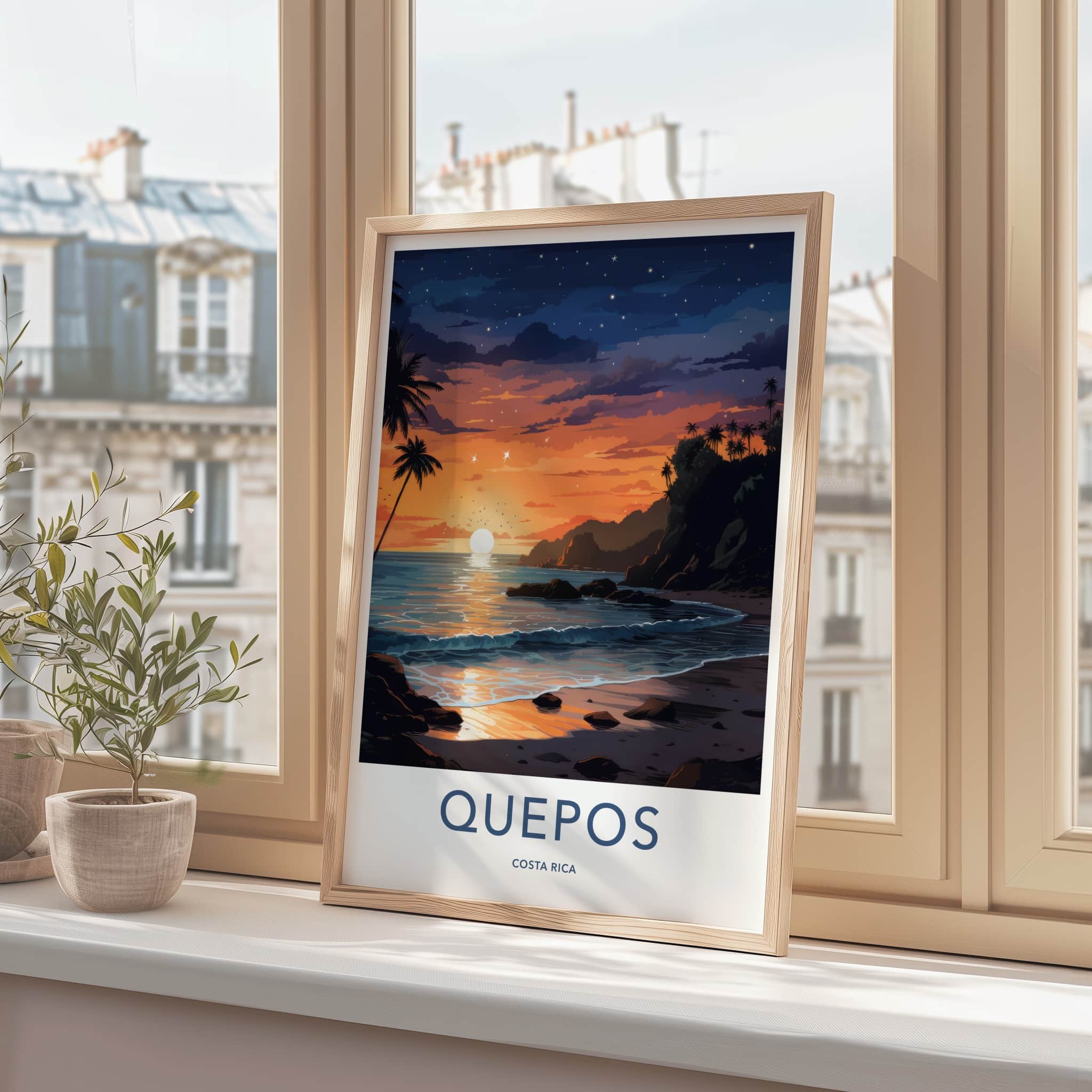 Quepos Poster - Costa Rica Travel Art - Ocean Sunset Palms Home Decor