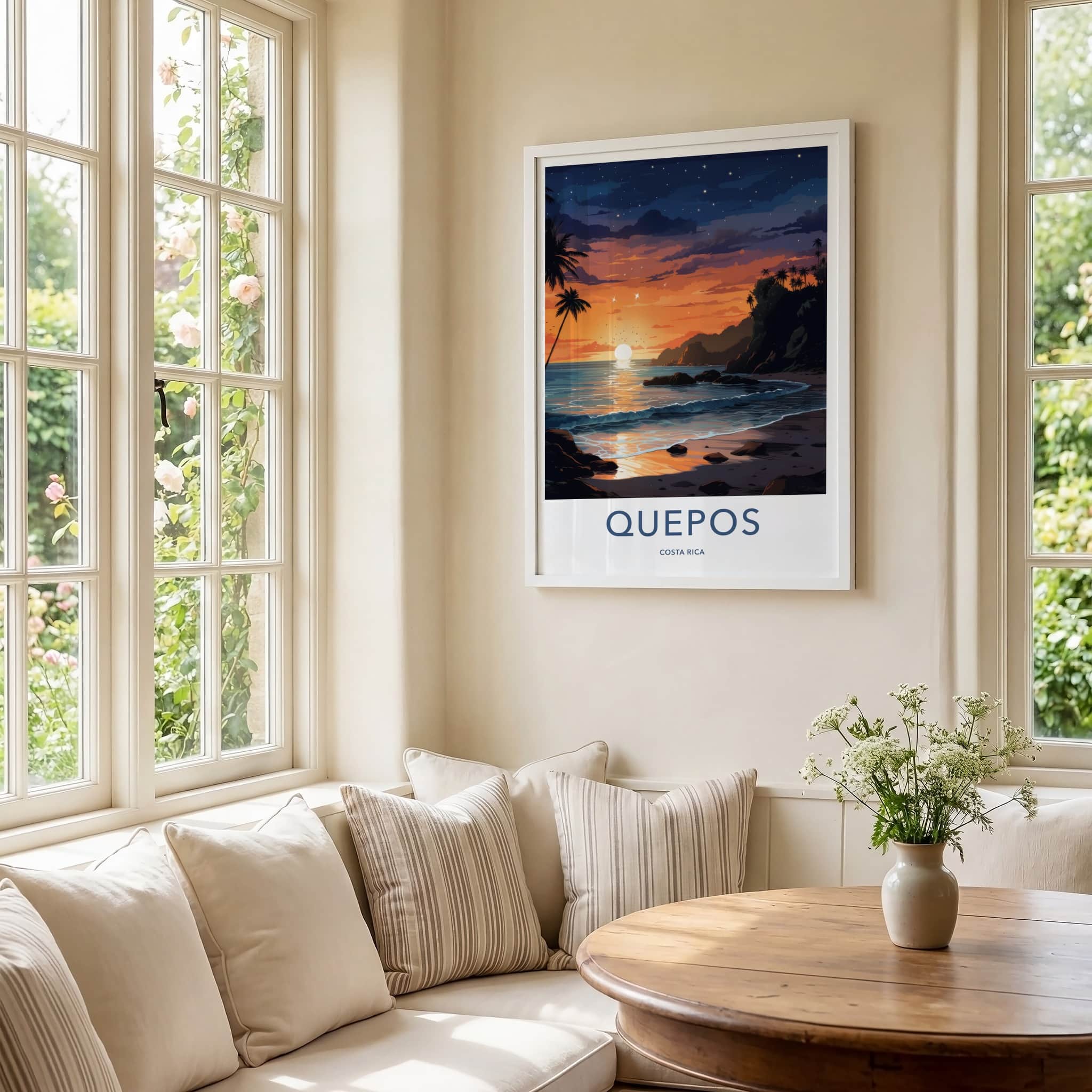 Quepos Poster - Costa Rica Travel Art - Ocean Sunset Palms Home Decor