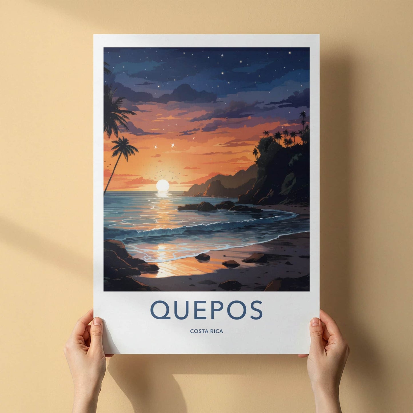 Quepos Poster - Costa Rica Travel Art - Ocean Sunset Palms Home Decor