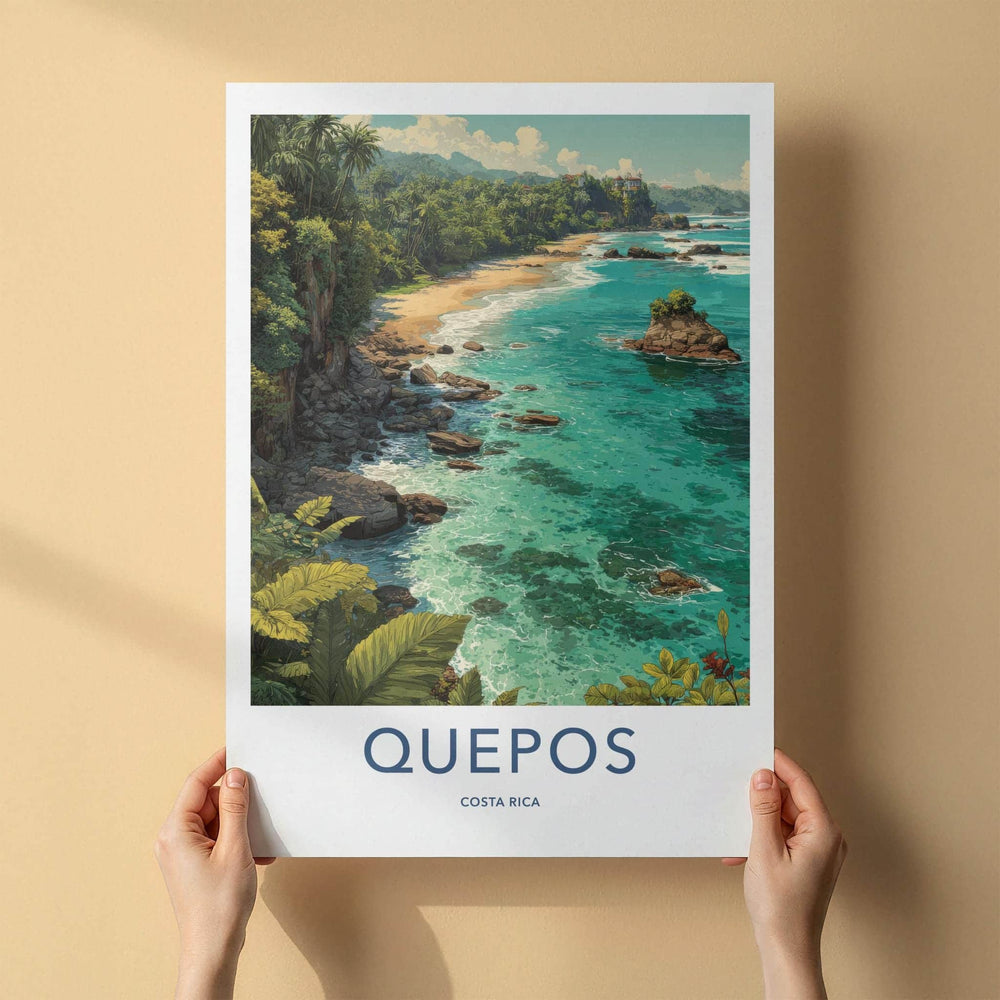 QUEPOS Poster - Costa Rica Travel Art - Tropical Beach Scene Home Decor