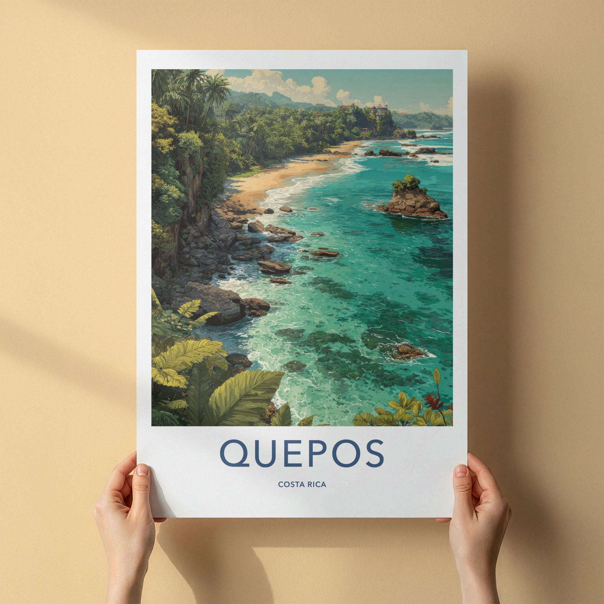 QUEPOS Poster - Costa Rica Travel Art - Tropical Beach Scene Home Decor