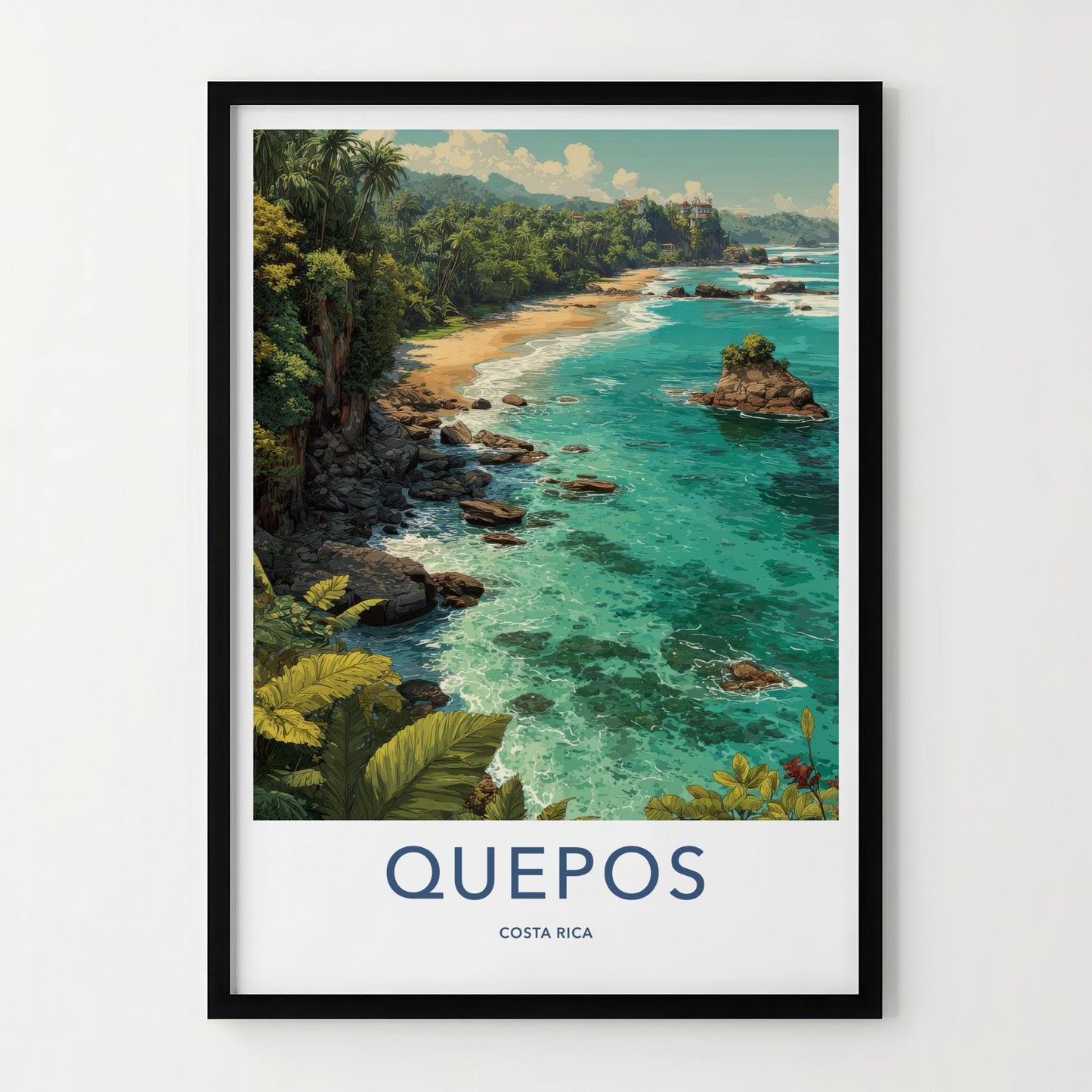 QUEPOS Poster - Costa Rica Travel Art - Tropical Beach Scene Home Decor