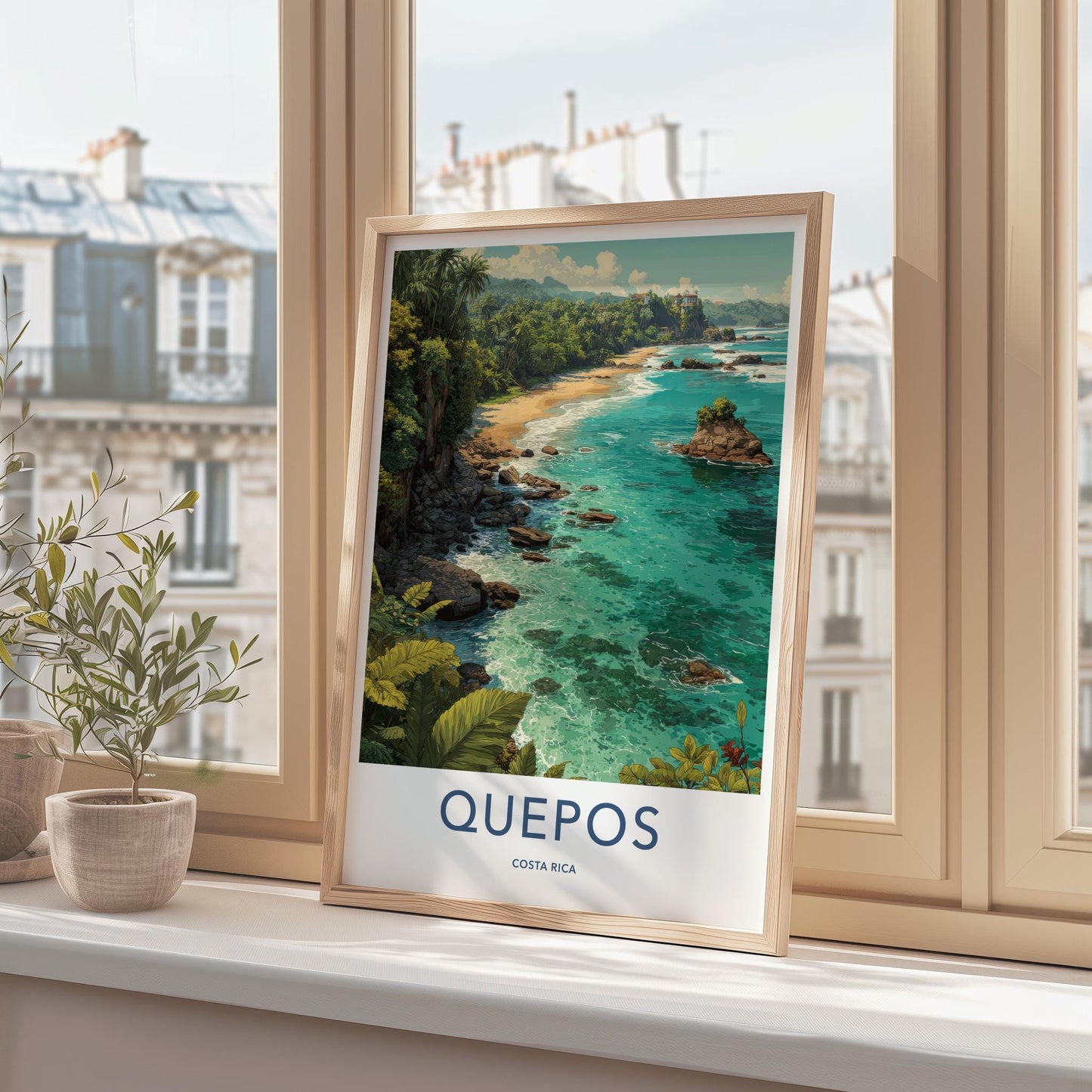 QUEPOS Poster - Costa Rica Travel Art - Tropical Beach Scene Home Decor
