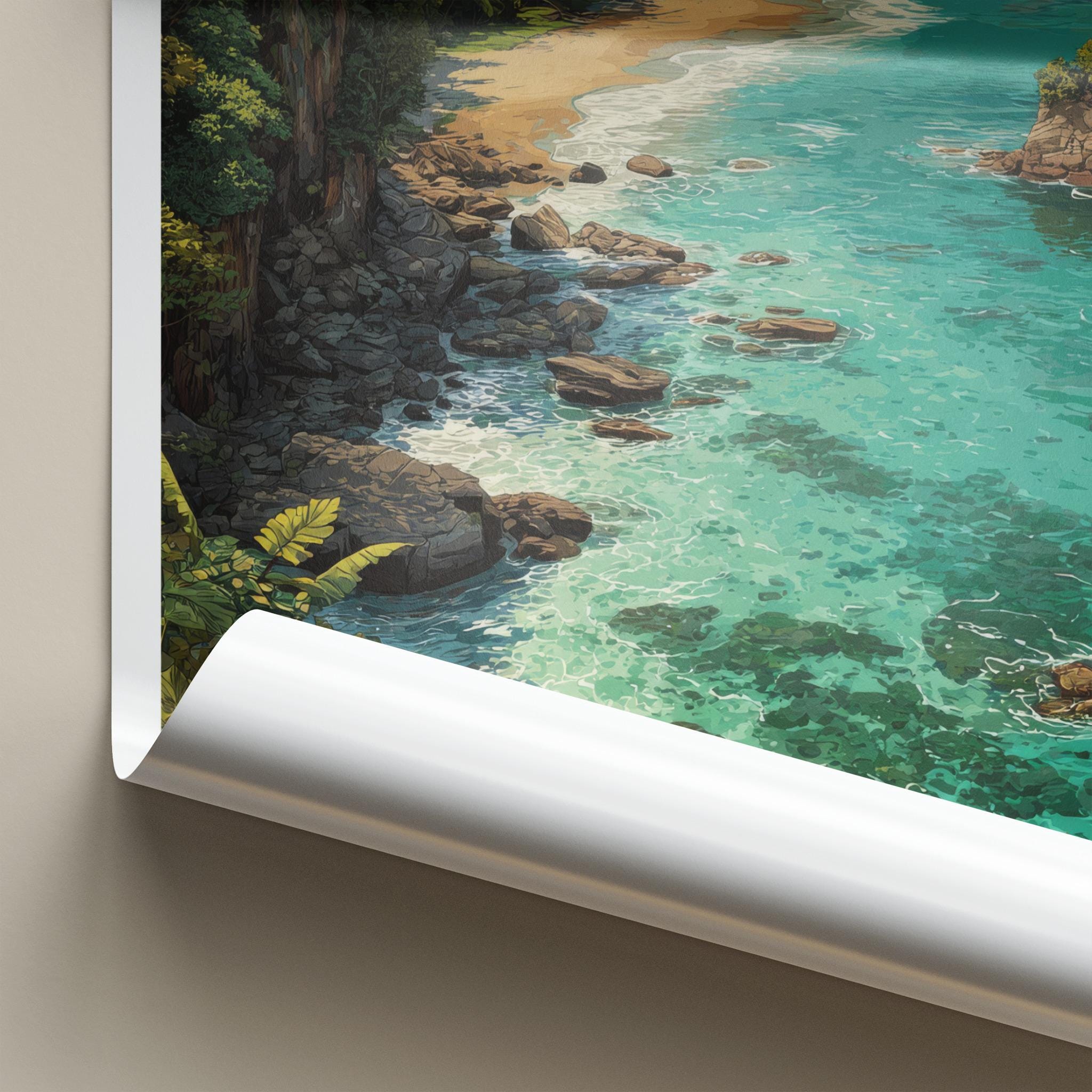 QUEPOS Poster - Costa Rica Travel Art - Tropical Beach Scene Home Decor