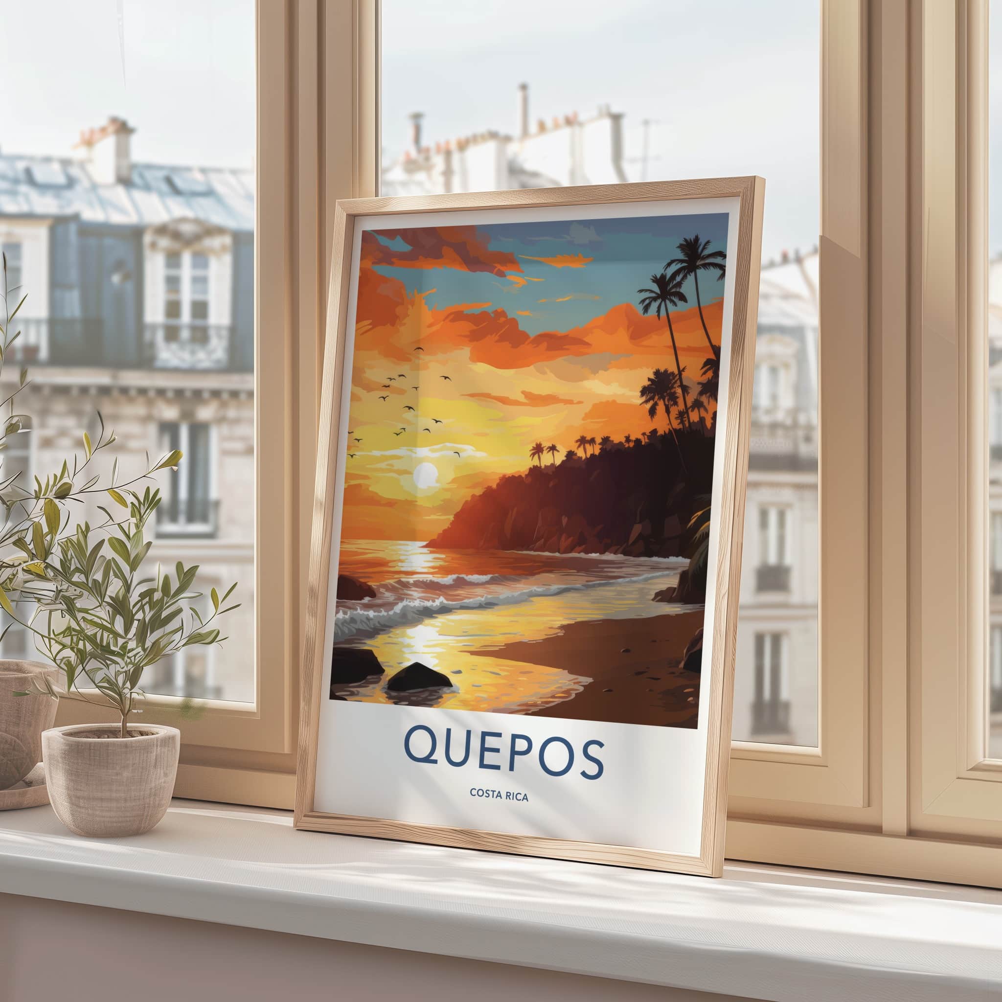 QUEPOS Poster - Costa Rica Travel Art - Tropical Sunset Beach Home Decor