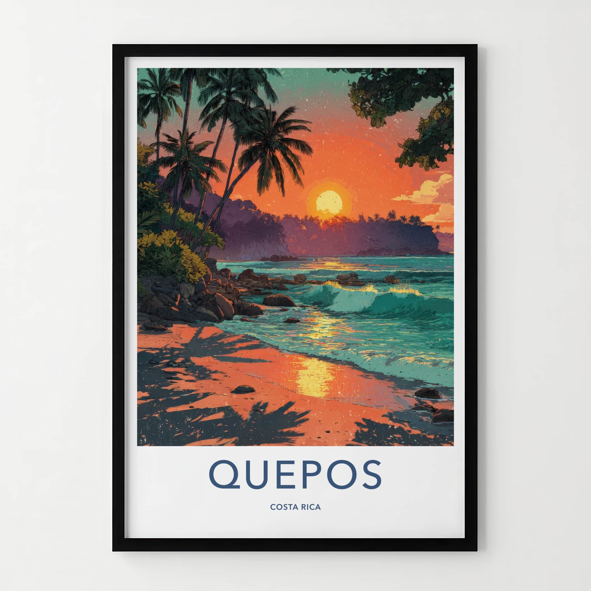 Quepos Poster - Costa Rica Travel Print Sunset Beach Waves Home Decor