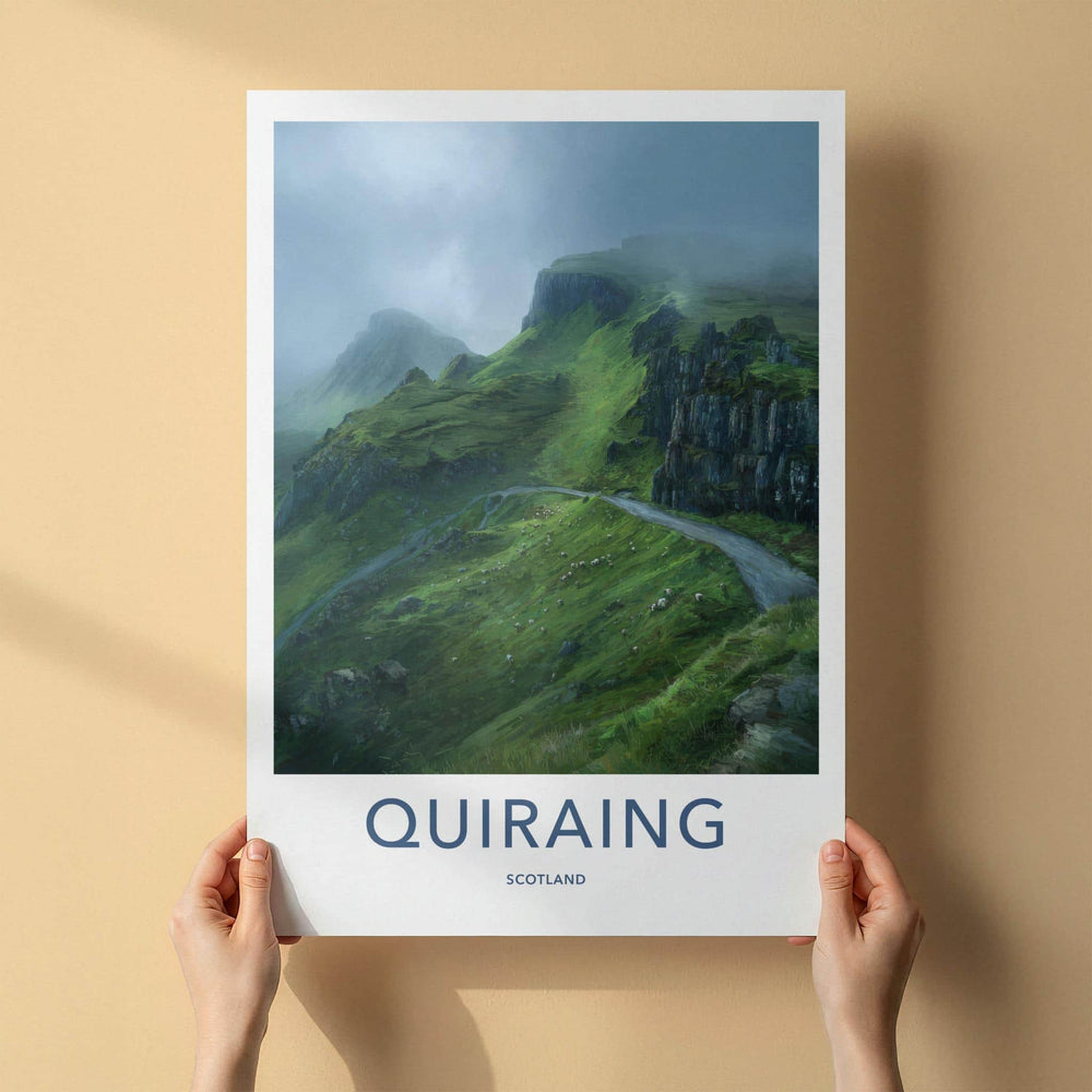 Quiraing Poster - Scotland Travel Art - Misty Green Mountain Home Decor